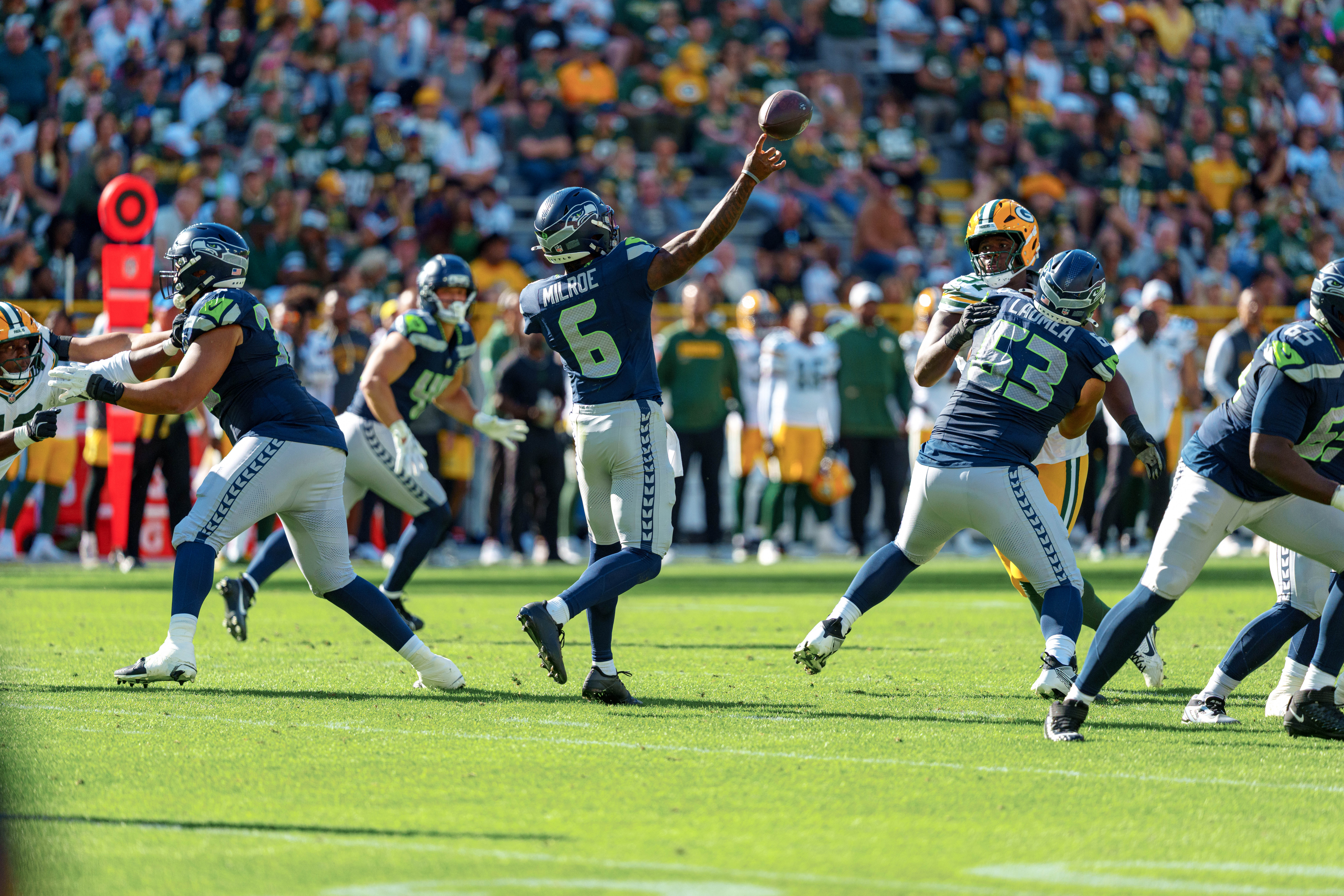 Seattle Seahawks quarterback Jalen Milroe (6) attempts a pass against the Green Bay Packers in the second quarter at Lambeau Field on August 23, 2025 in Green Bay, Wisconsin. Photography by Ross Harried for Second Crop Sports.