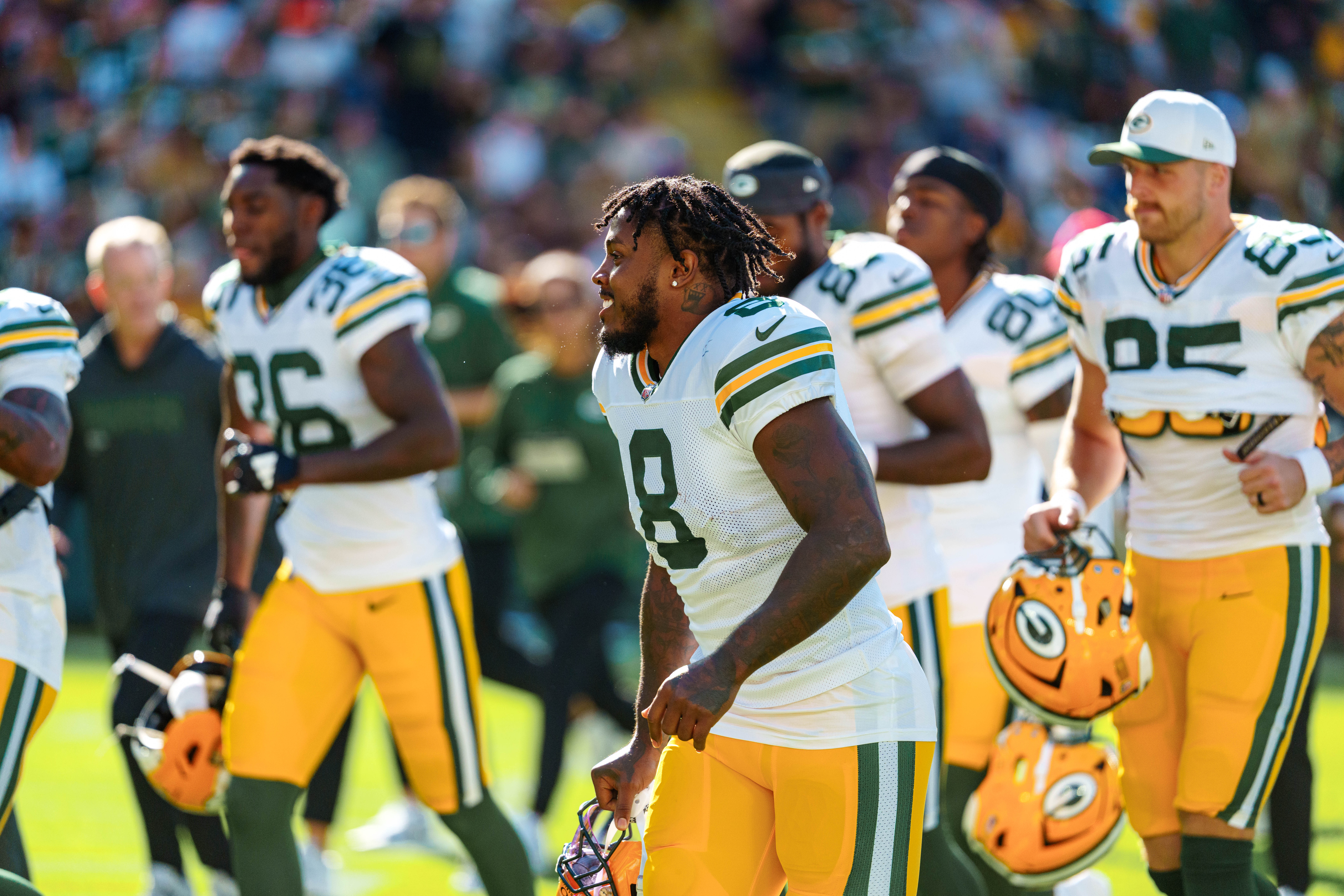 Green Bay Packers running back Josh Jacobs (8) heads to the locker room against the Seattle Seahawks at Lambeau Field on August 23, 2025 in Green Bay, Wisconsin. Photography by Ross Harried for Second Crop Sports.