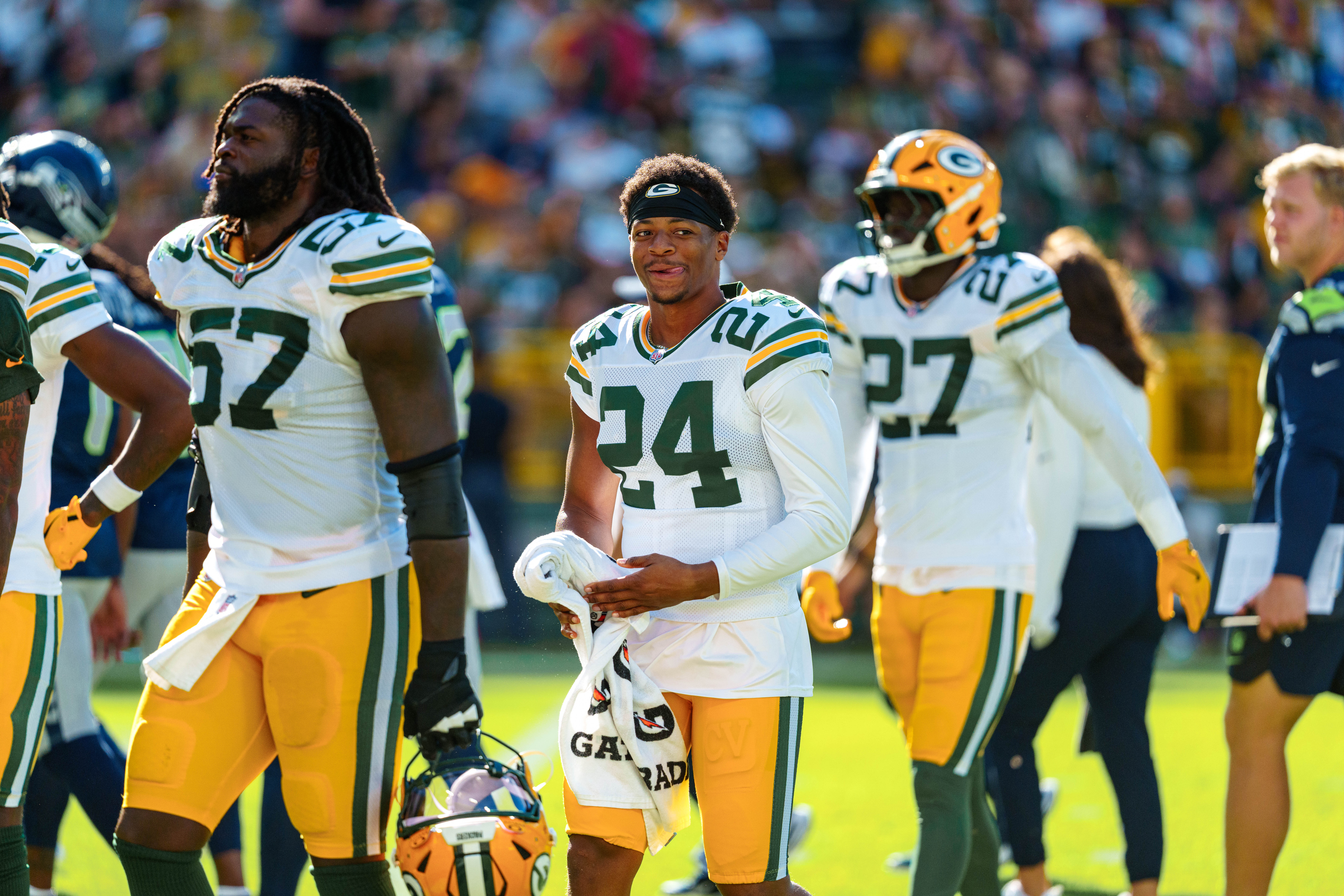 Green Bay Packers cornerback Carrington Valentine (24) heads to the locker room at halftime against the Seattle Seahawks at Lambeau Field on August 23, 2025 in Green Bay, Wisconsin. Photography by Ross Harried for Second Crop Sports.
