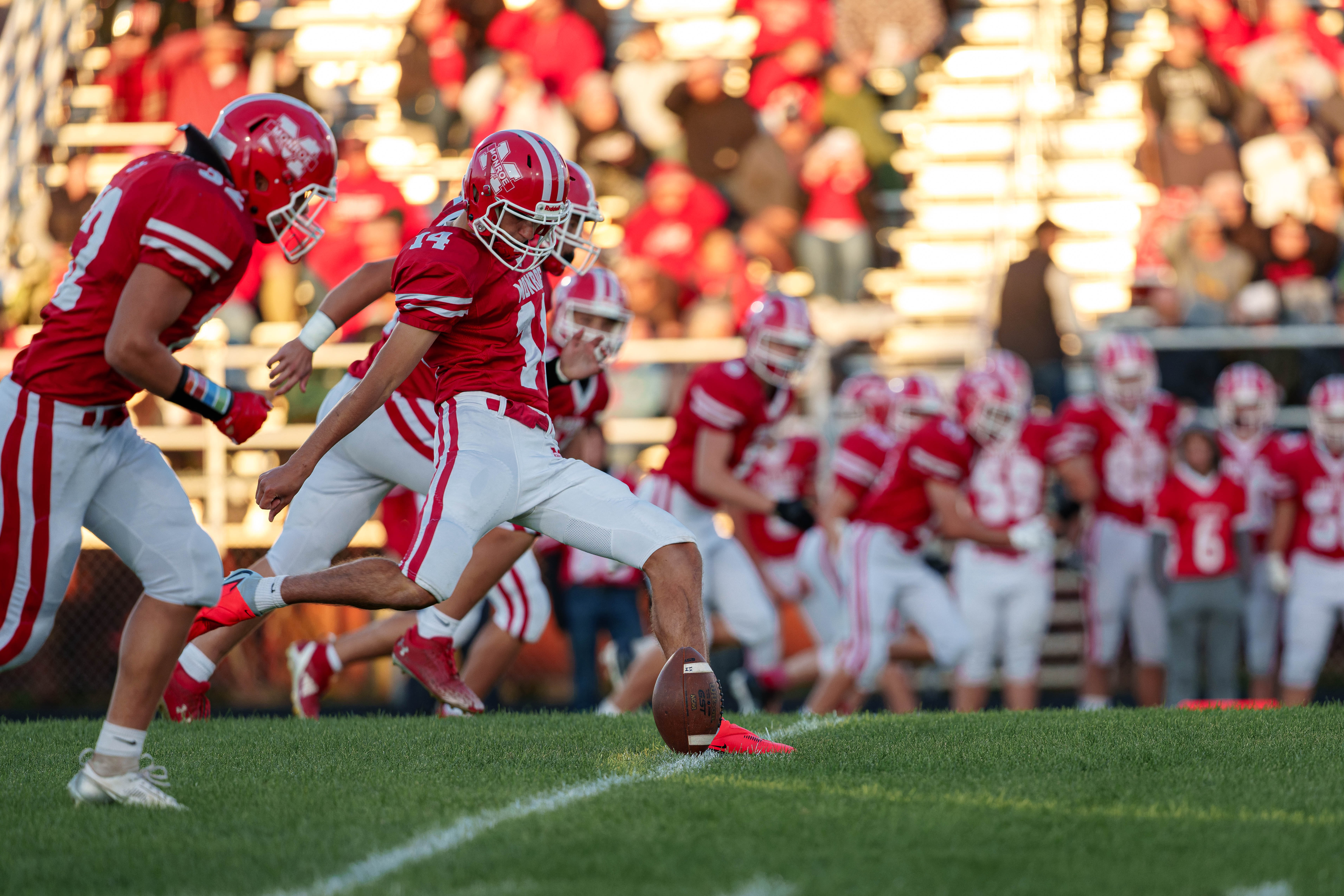 MONROE, WI – SEPTEMBER 5: A high school football game between the Monroe Cheesemakers and the Jefferson Eagles at the Monroe High School in Monroe, Wisconsin. Photography by Ross Harried for Second Crop Sports.