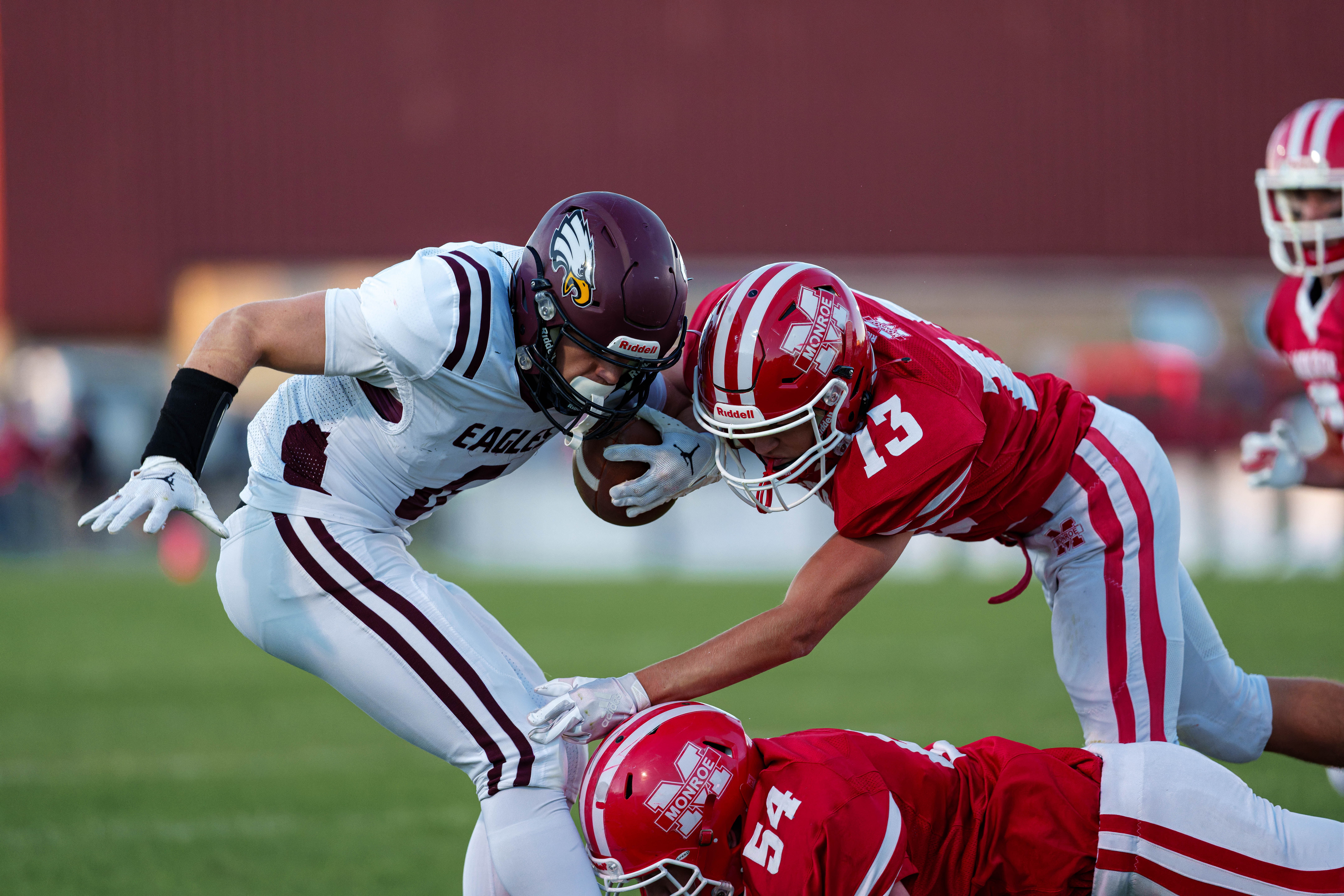 MONROE, WI – SEPTEMBER 5: A high school football game between the Monroe Cheesemakers and the Jefferson Eagles at the Monroe High School in Monroe, Wisconsin. Photography by Ross Harried for Second Crop Sports.