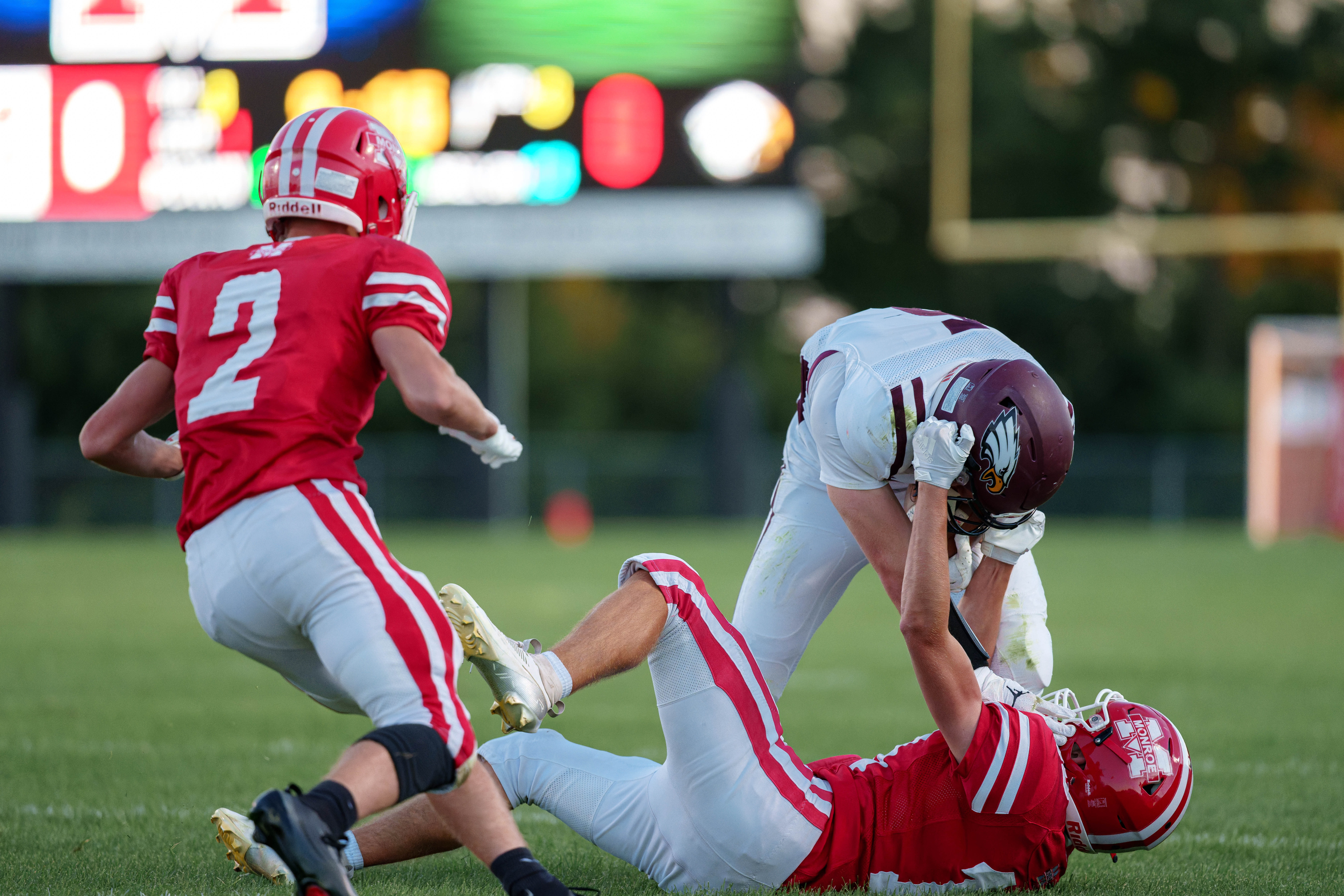 MONROE, WI – SEPTEMBER 5: A high school football game between the Monroe Cheesemakers and the Jefferson Eagles at the Monroe High School in Monroe, Wisconsin. Photography by Ross Harried for Second Crop Sports.
