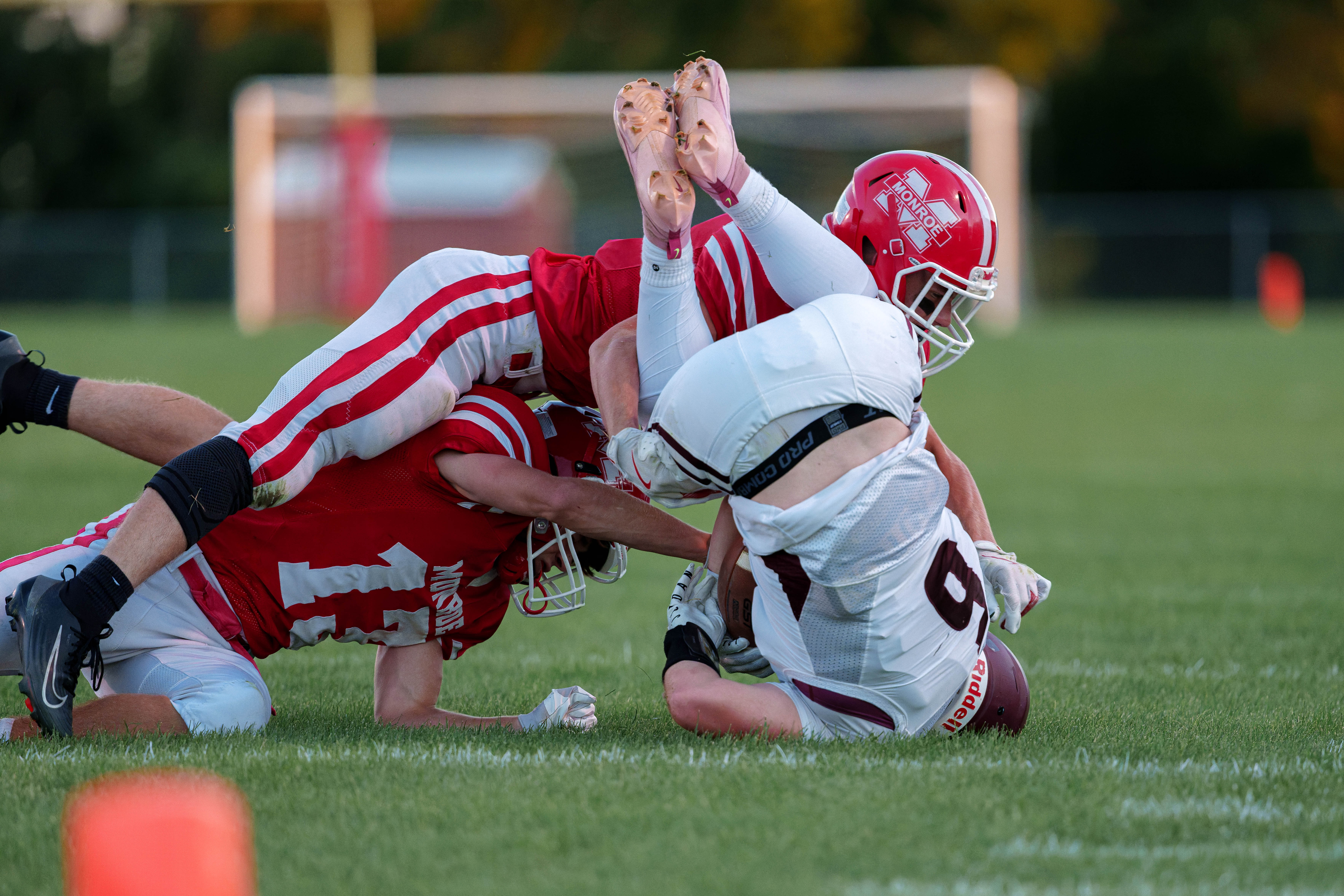 MONROE, WI – SEPTEMBER 5: A high school football game between the Monroe Cheesemakers and the Jefferson Eagles at the Monroe High School in Monroe, Wisconsin. Photography by Ross Harried for Second Crop Sports.