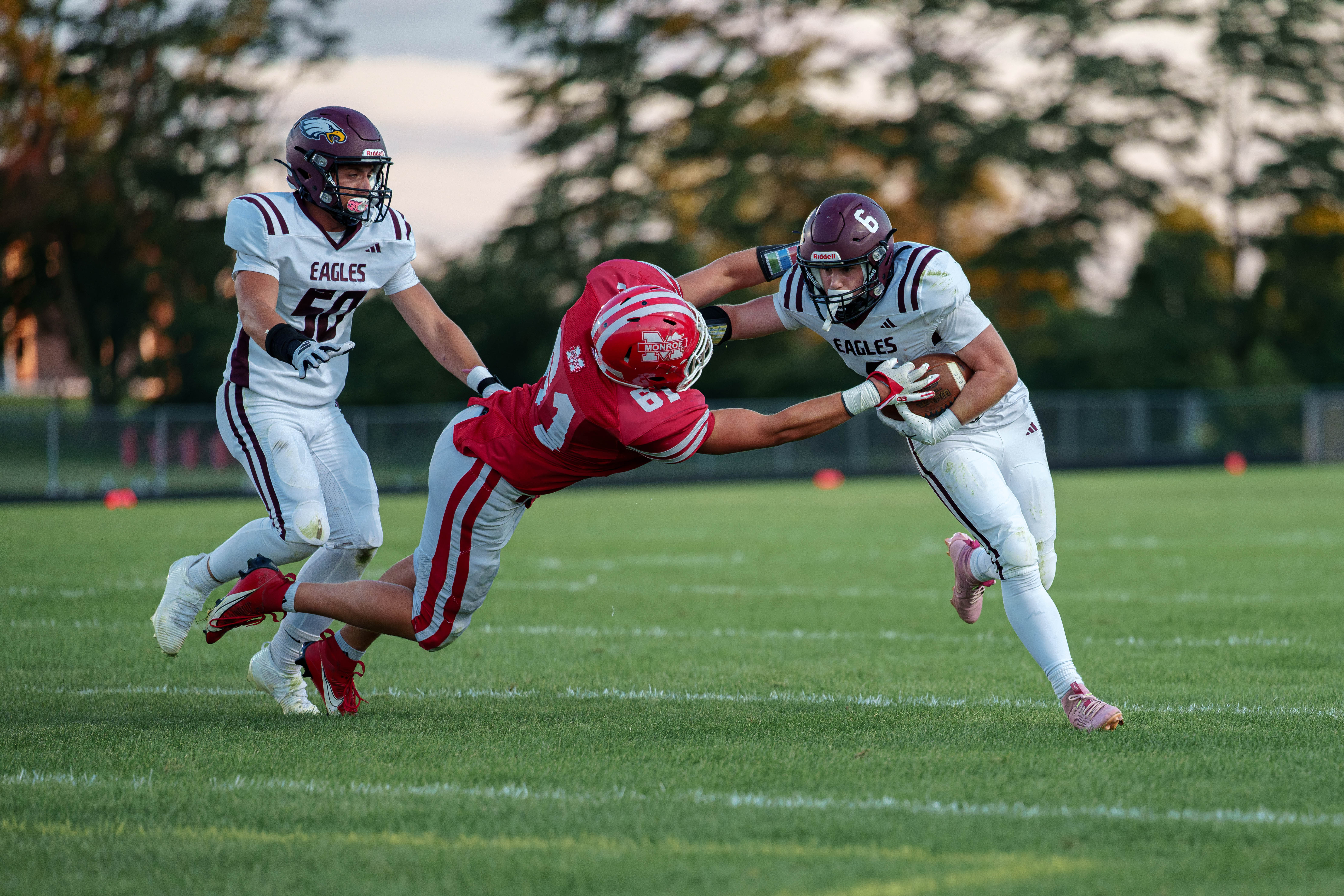 MONROE, WI – SEPTEMBER 5: A high school football game between the Monroe Cheesemakers and the Jefferson Eagles at the Monroe High School in Monroe, Wisconsin. Photography by Ross Harried for Second Crop Sports.