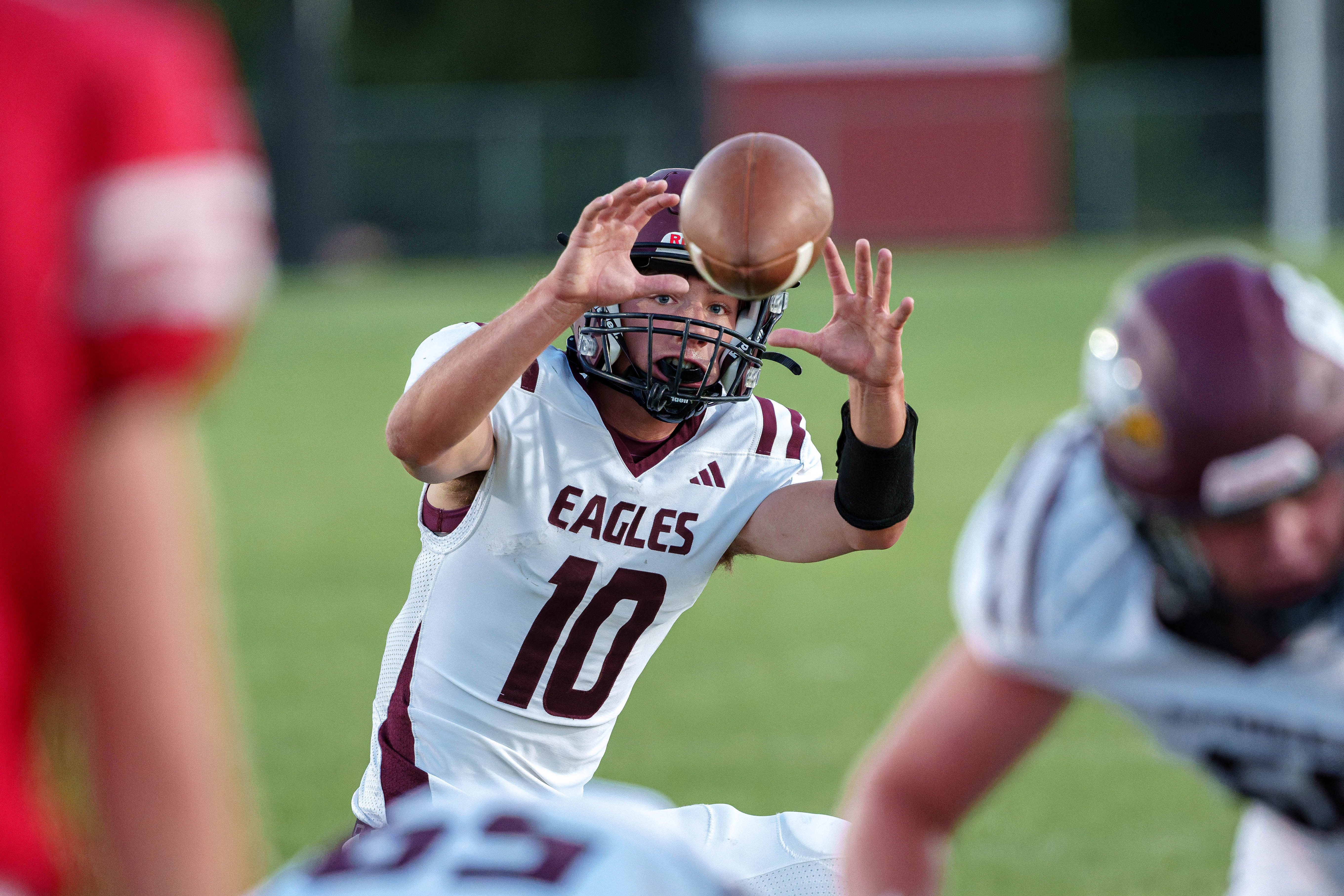 MONROE, WI – SEPTEMBER 5: A high school football game between the Monroe Cheesemakers and the Jefferson Eagles at the Monroe High School in Monroe, Wisconsin. Photography by Ross Harried for Second Crop Sports.