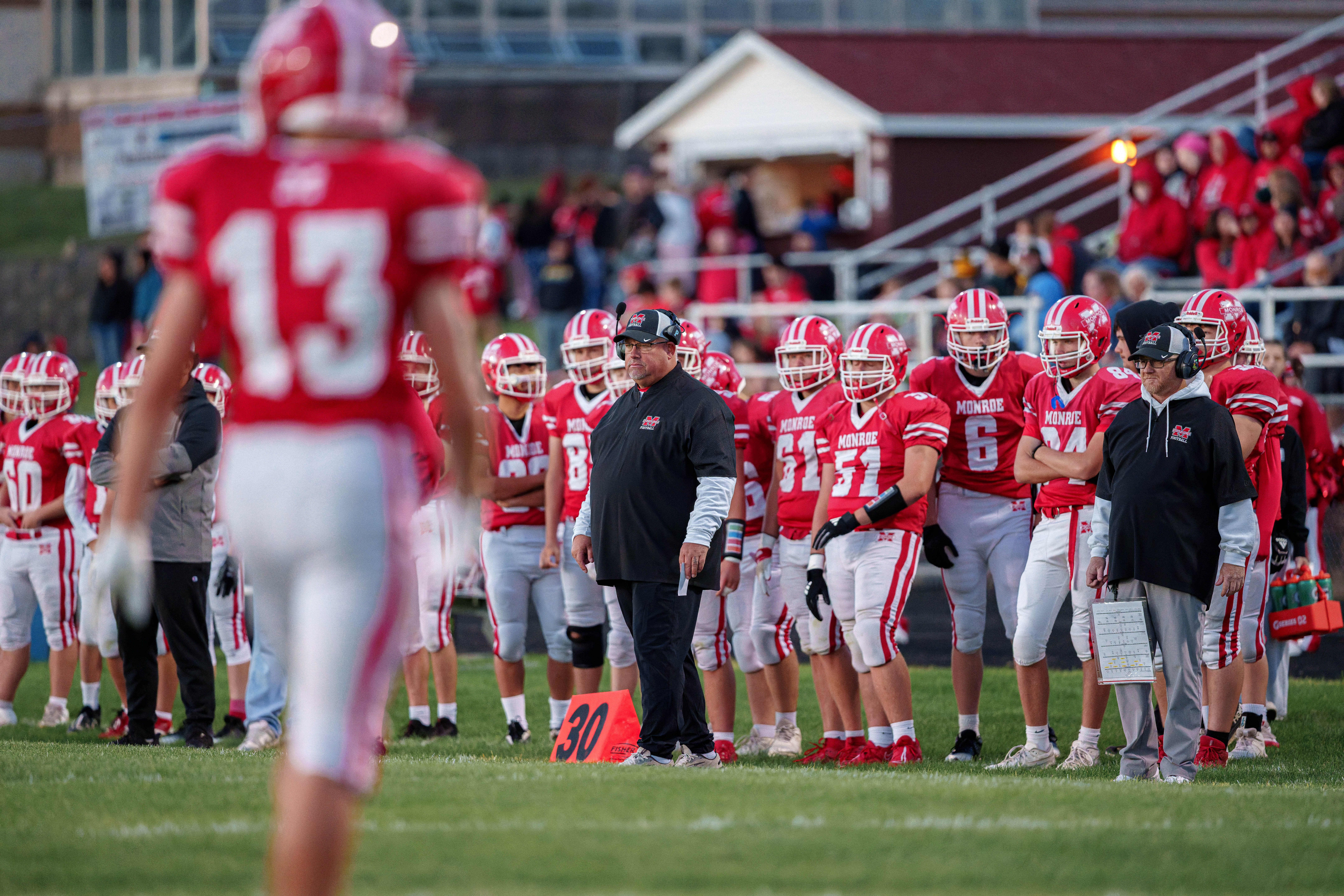 MONROE, WI – SEPTEMBER 5: A high school football game between the Monroe Cheesemakers and the Jefferson Eagles at the Monroe High School in Monroe, Wisconsin. Photography by Ross Harried for Second Crop Sports.