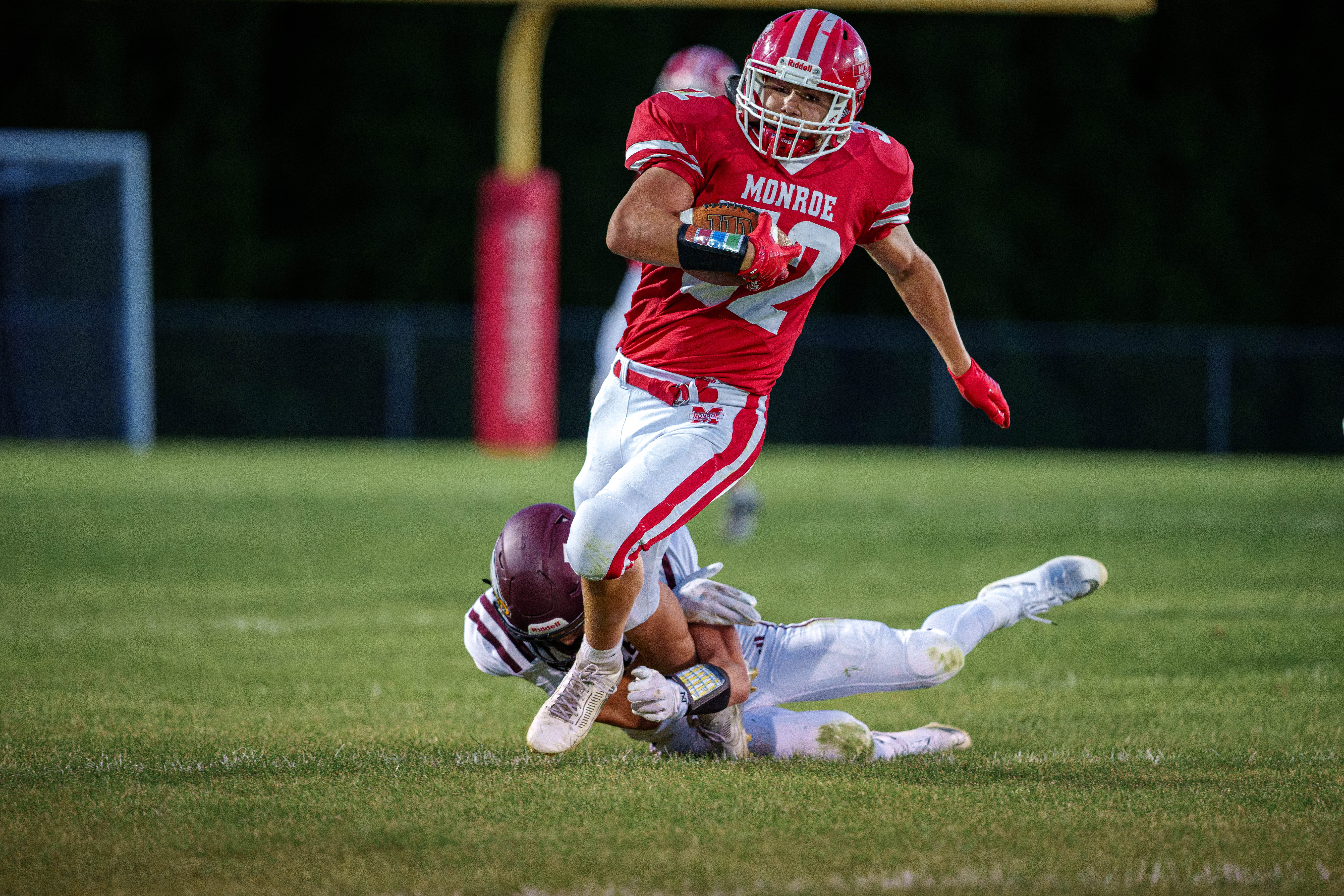 MONROE, WI – SEPTEMBER 5: A high school football game between the Monroe Cheesemakers and the Jefferson Eagles at the Monroe High School in Monroe, Wisconsin. Photography by Ross Harried for Second Crop Sports.
