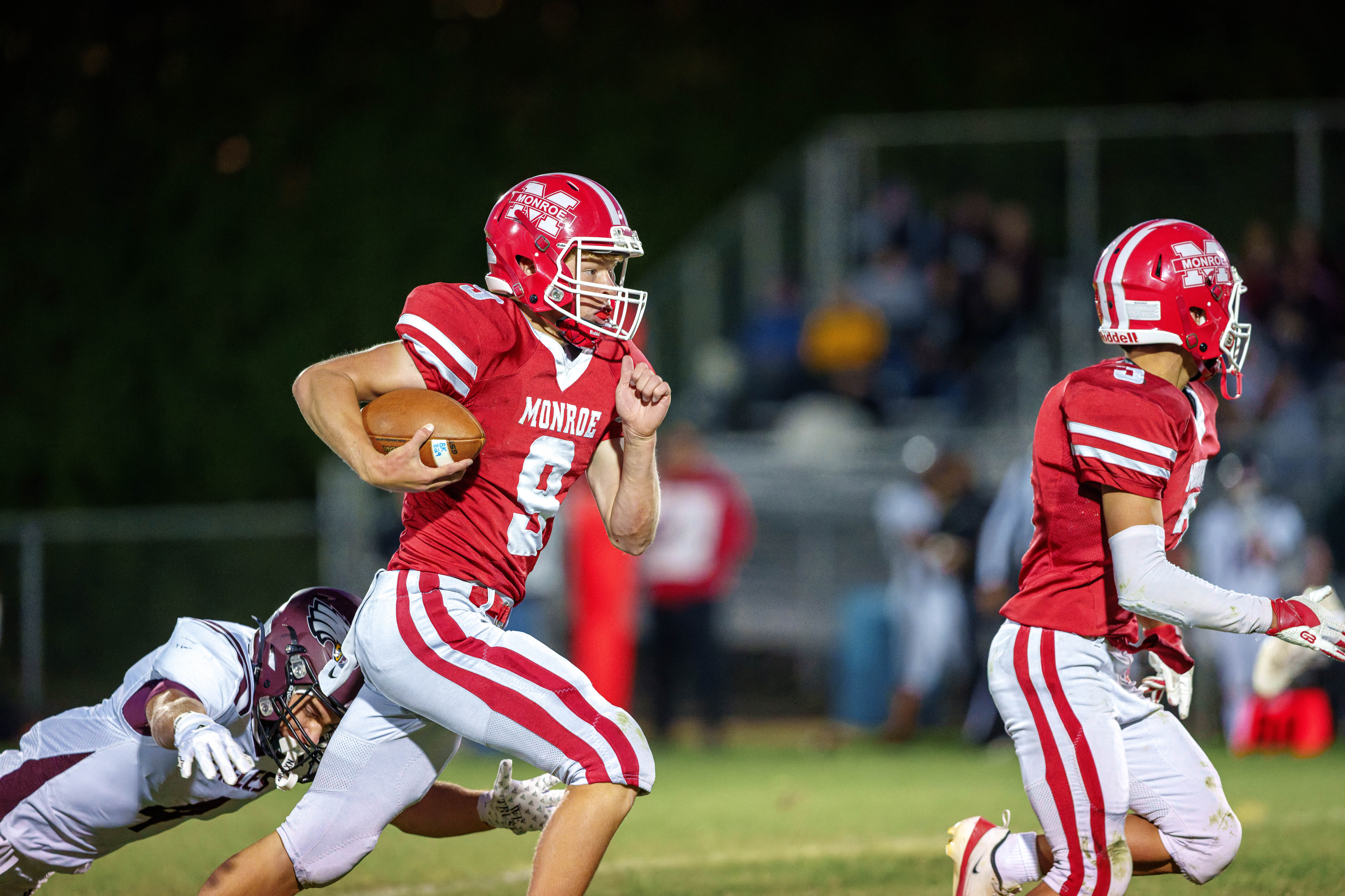 MONROE, WI – SEPTEMBER 5: A high school football game between the Monroe Cheesemakers and the Jefferson Eagles at the Monroe High School in Monroe, Wisconsin. Photography by Ross Harried for Second Crop Sports.