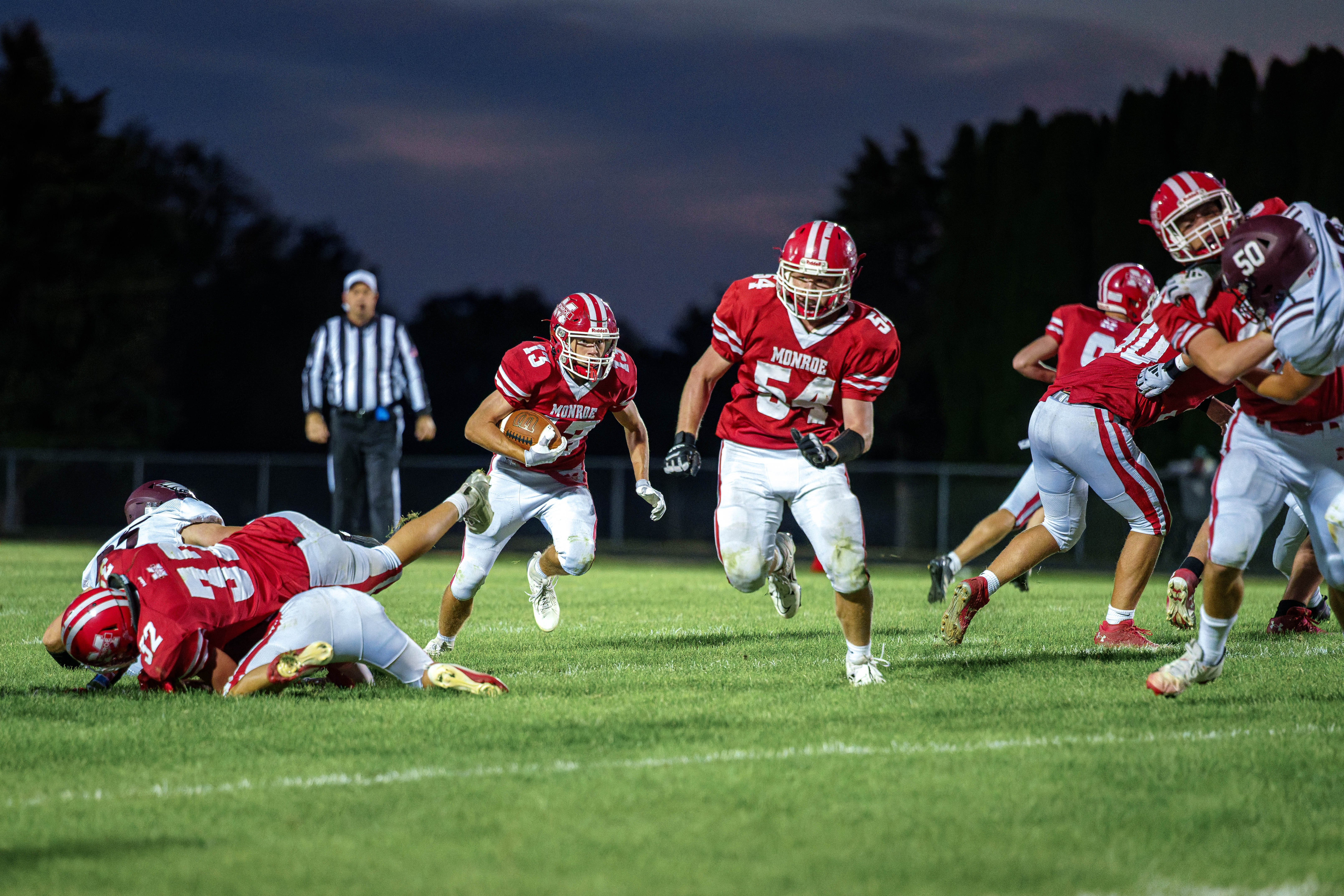 MONROE, WI – SEPTEMBER 5: A high school football game between the Monroe Cheesemakers and the Jefferson Eagles at the Monroe High School in Monroe, Wisconsin. Photography by Ross Harried for Second Crop Sports.