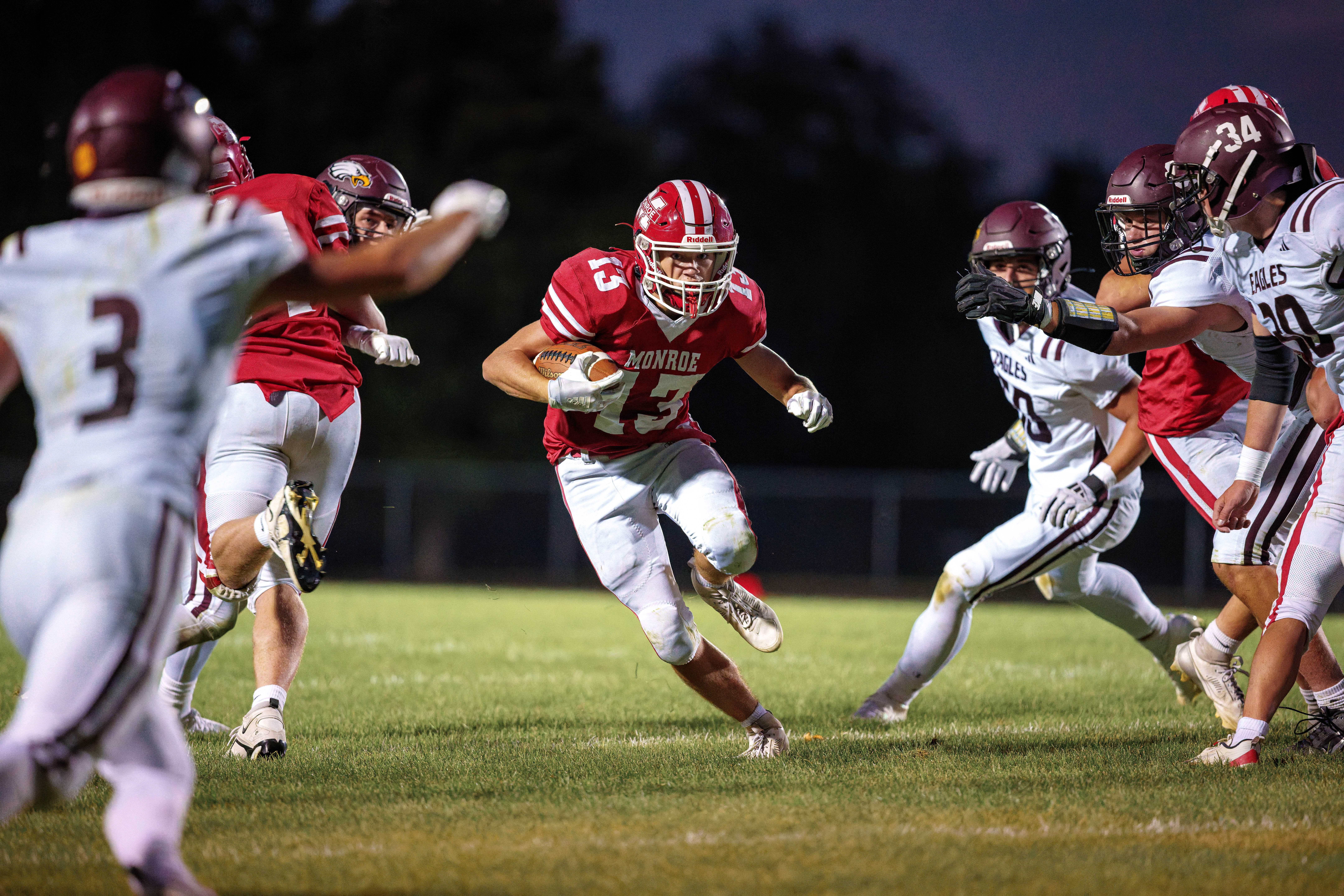 MONROE, WI – SEPTEMBER 5: A high school football game between the Monroe Cheesemakers and the Jefferson Eagles at the Monroe High School in Monroe, Wisconsin. Photography by Ross Harried for Second Crop Sports.