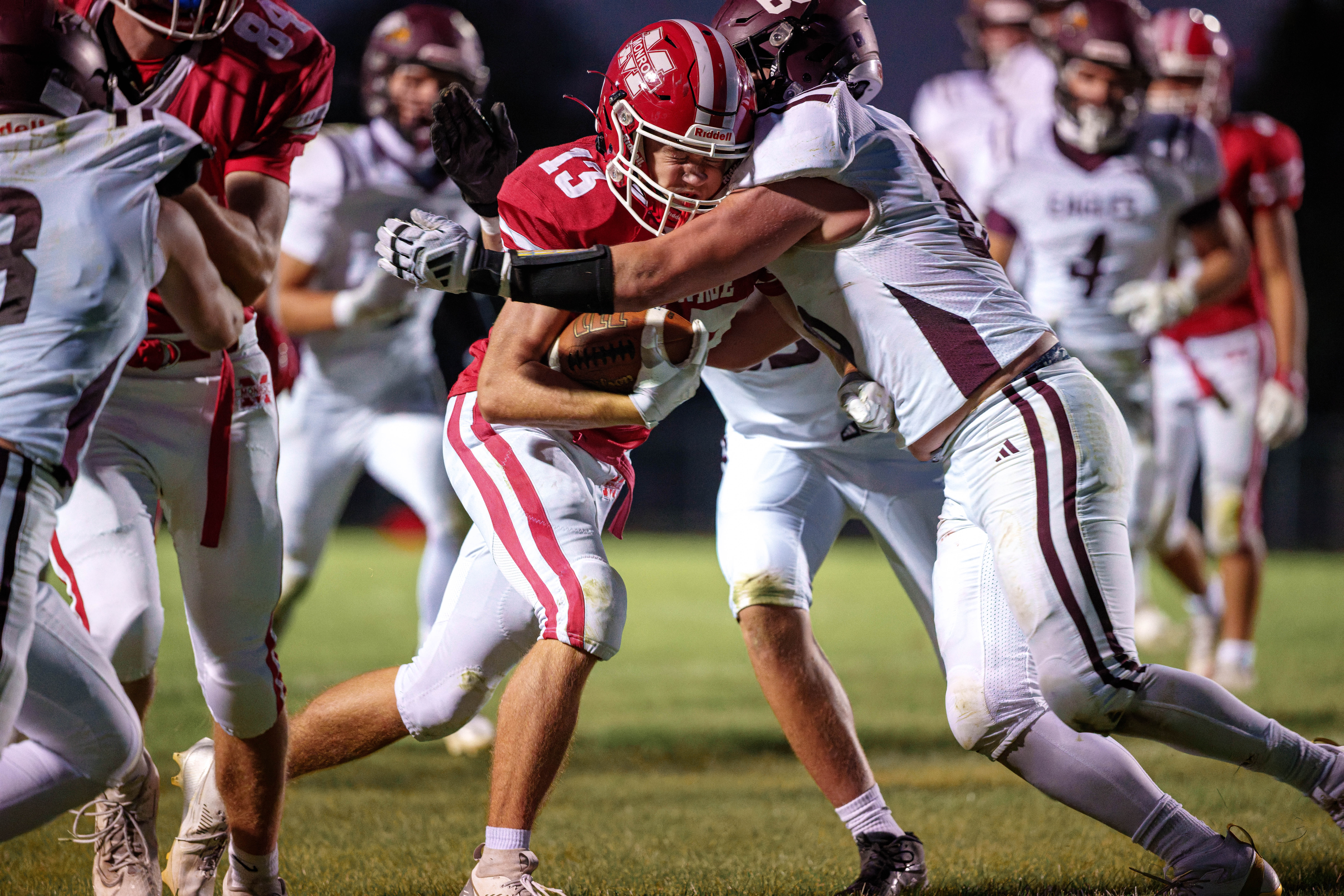 MONROE, WI – SEPTEMBER 5: A high school football game between the Monroe Cheesemakers and the Jefferson Eagles at the Monroe High School in Monroe, Wisconsin. Photography by Ross Harried for Second Crop Sports.