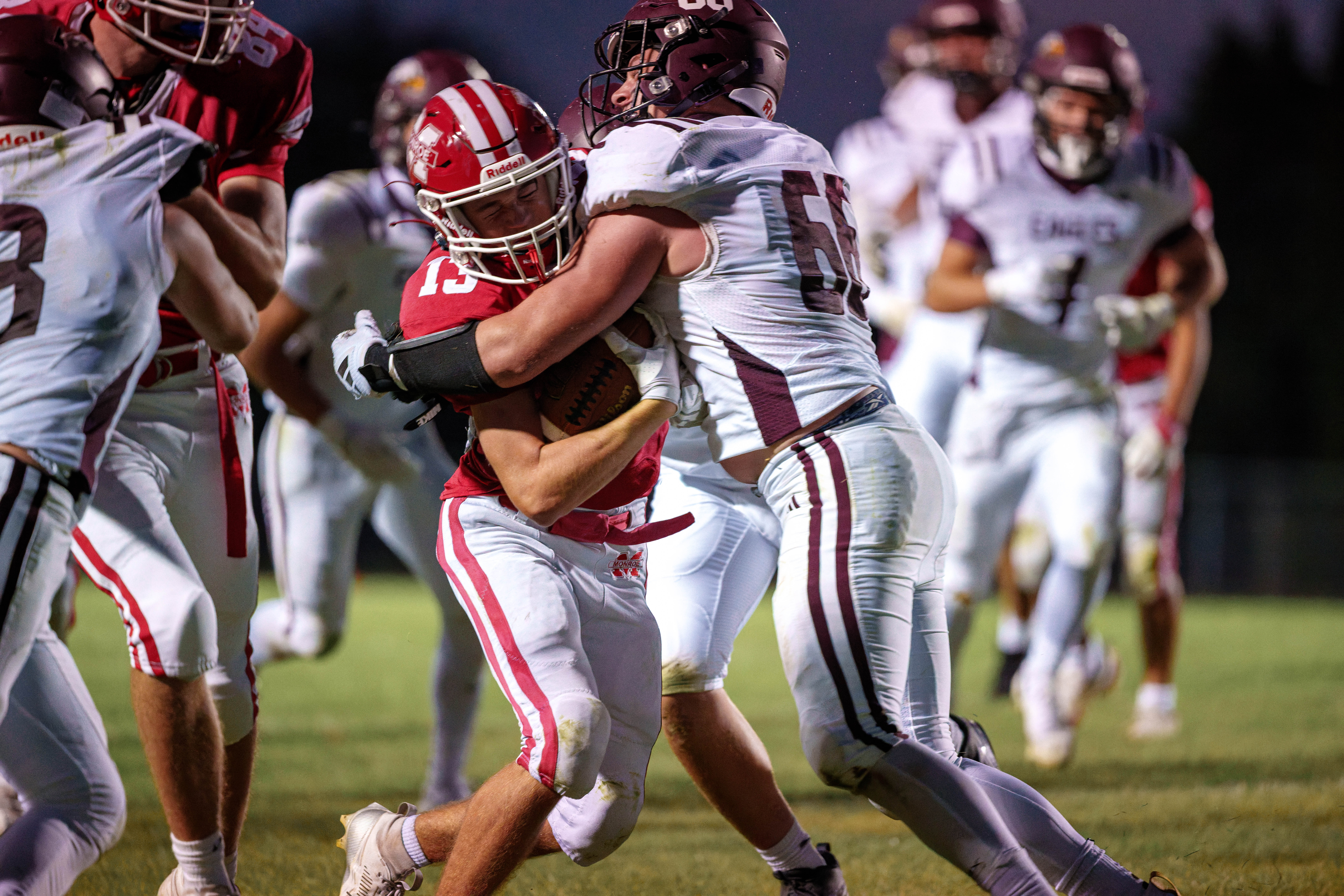 MONROE, WI – SEPTEMBER 5: A high school football game between the Monroe Cheesemakers and the Jefferson Eagles at the Monroe High School in Monroe, Wisconsin. Photography by Ross Harried for Second Crop Sports.