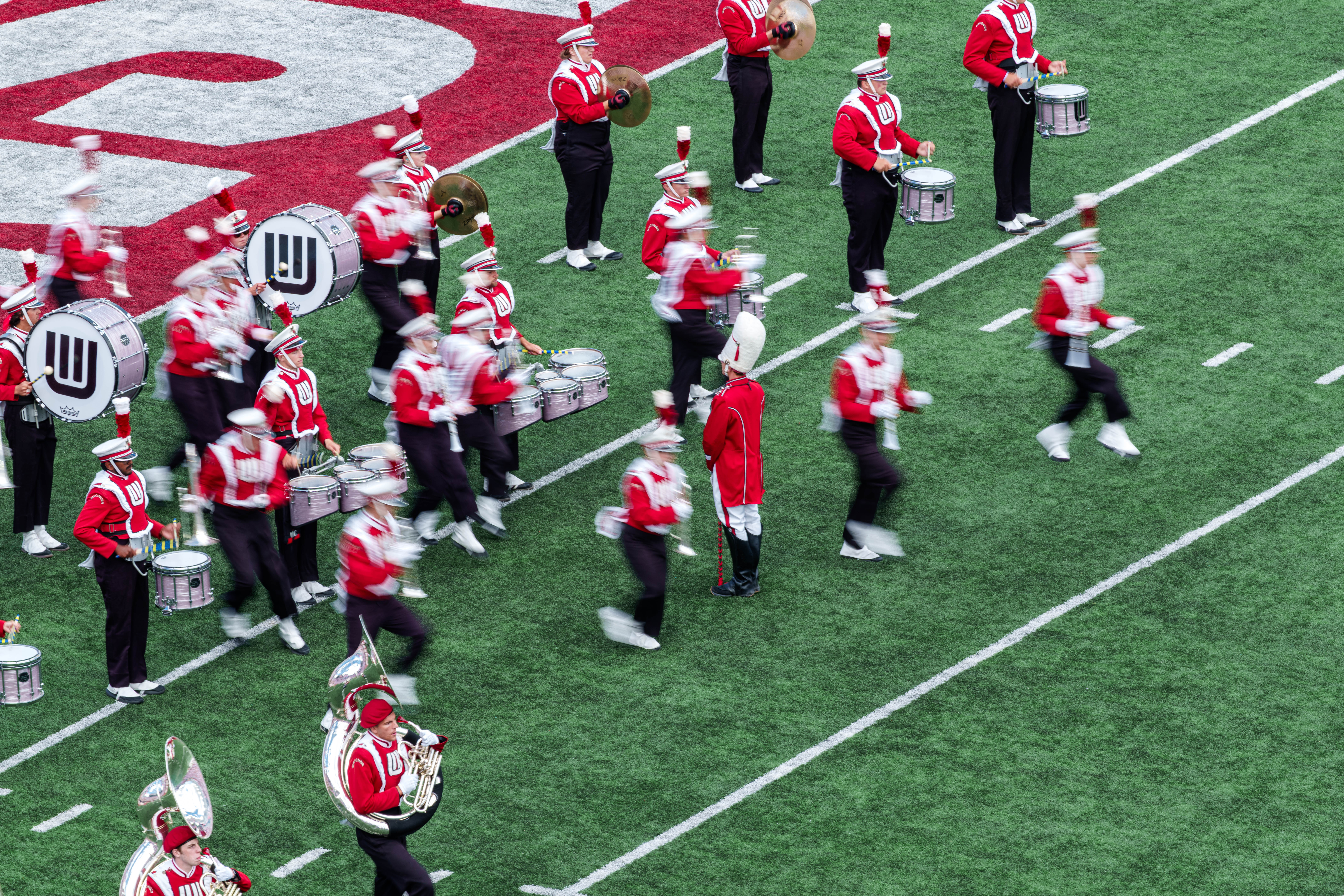 Sept 6, 2025; Madison, Wisconsin, USA; The University of Wisconsin Marching Band takes the field before a college football game between the Wisconsin Badgers and the Middle Tennessee Blue Raiders at Camp Randall Stadium on September 06, 2025 in Madison, Wisconsin. Photography by Ross Harried for Second Crop Sports.