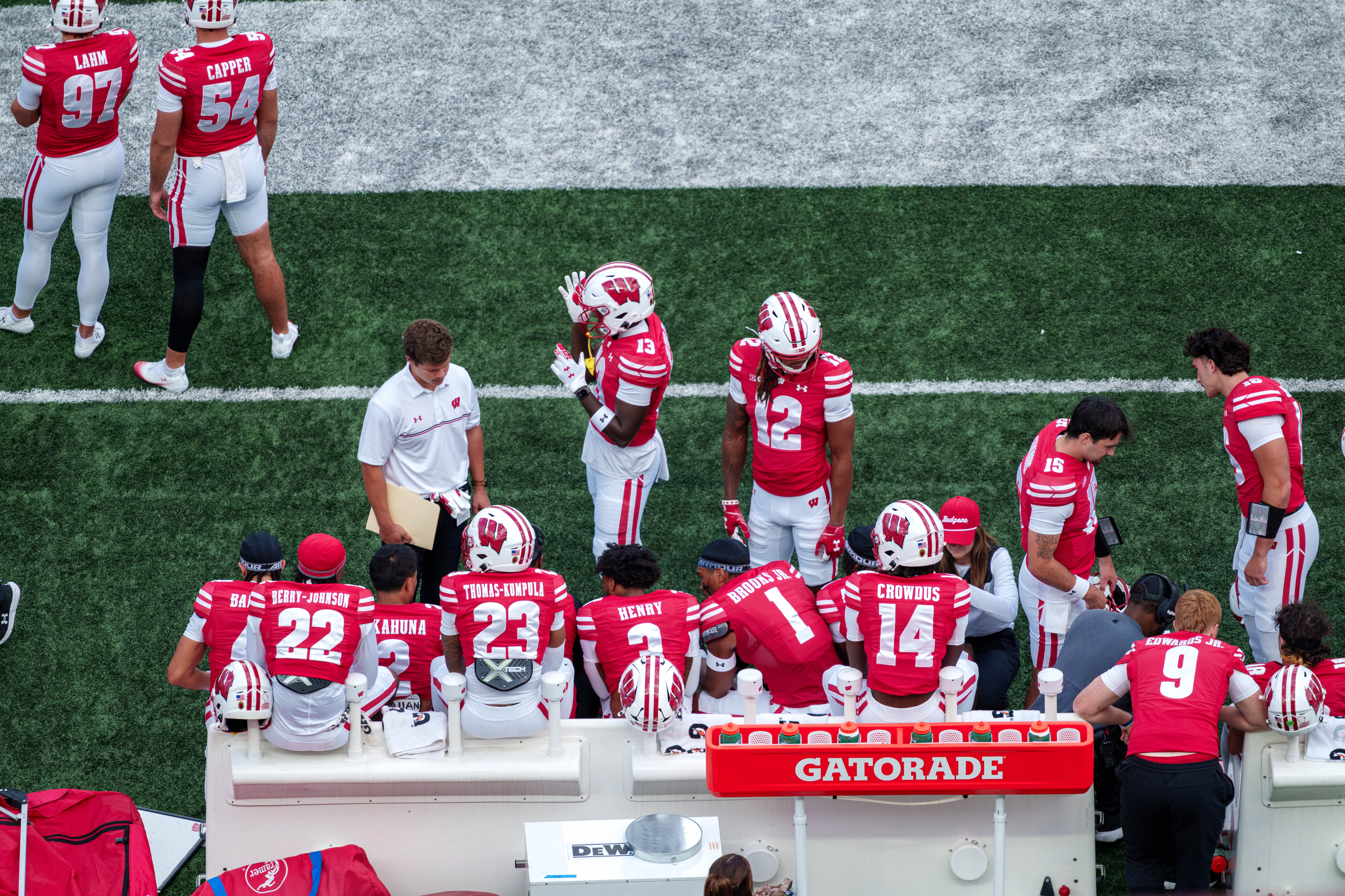 Sept 6, 2025; Madison, Wisconsin, USA; The Wisconsin Badgers bench durning a college football game between the Wisconsin Badgers and the Middle Tennessee Blue Raiders at Camp Randall Stadium on September 06, 2025 in Madison, Wisconsin. Photography by Ross Harried for Second Crop Sports.