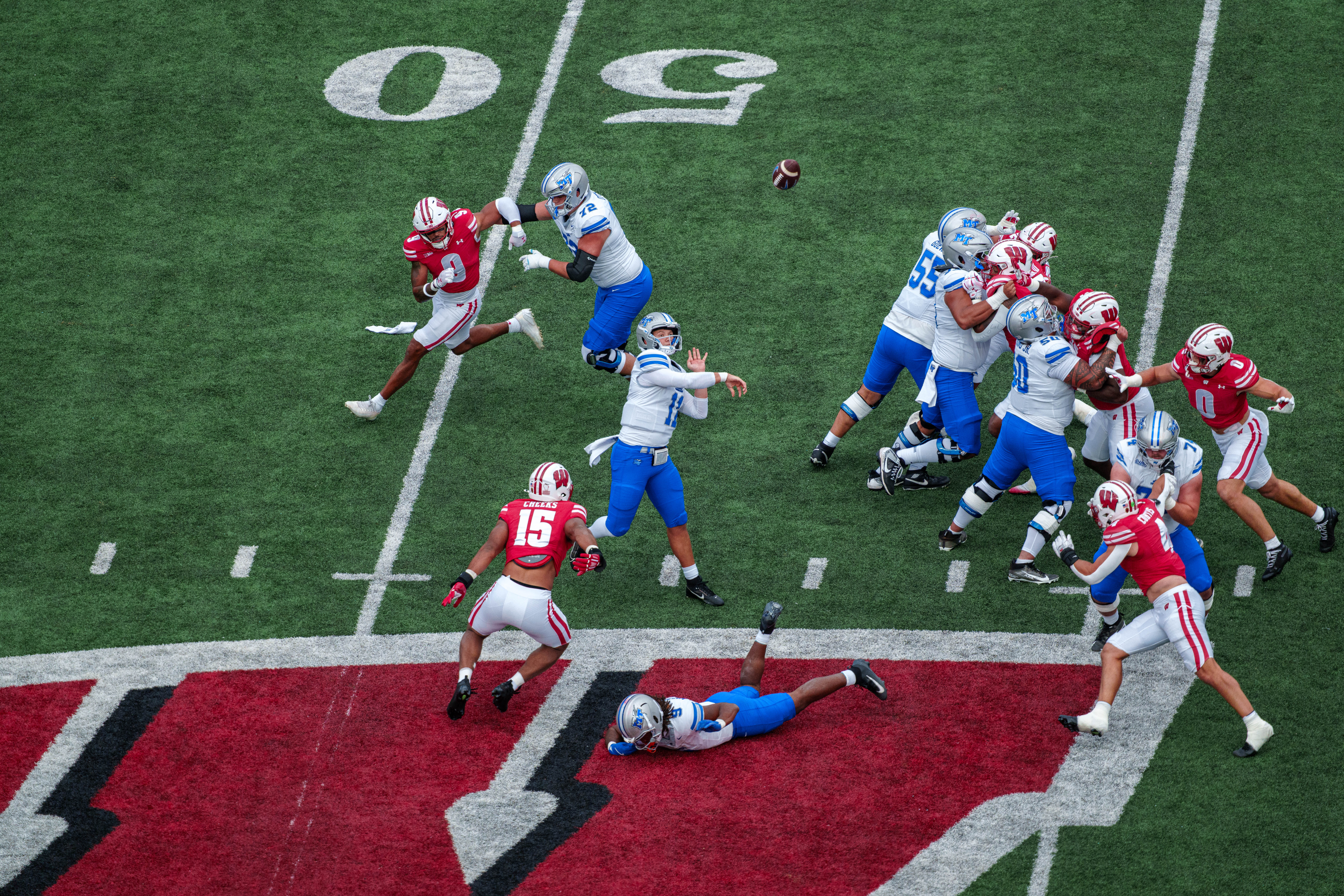 Sept 6, 2025; Madison, Wisconsin, USA; Middle Tennessee Blue Raiders quarterback Nicholas Vattiato (11) attempts a pass durning a college football game between the Wisconsin Badgers and the Middle Tennessee Blue Raiders at Camp Randall Stadium on September 06, 2025 in Madison, Wisconsin. Photography by Ross Harried for Second Crop Sports.