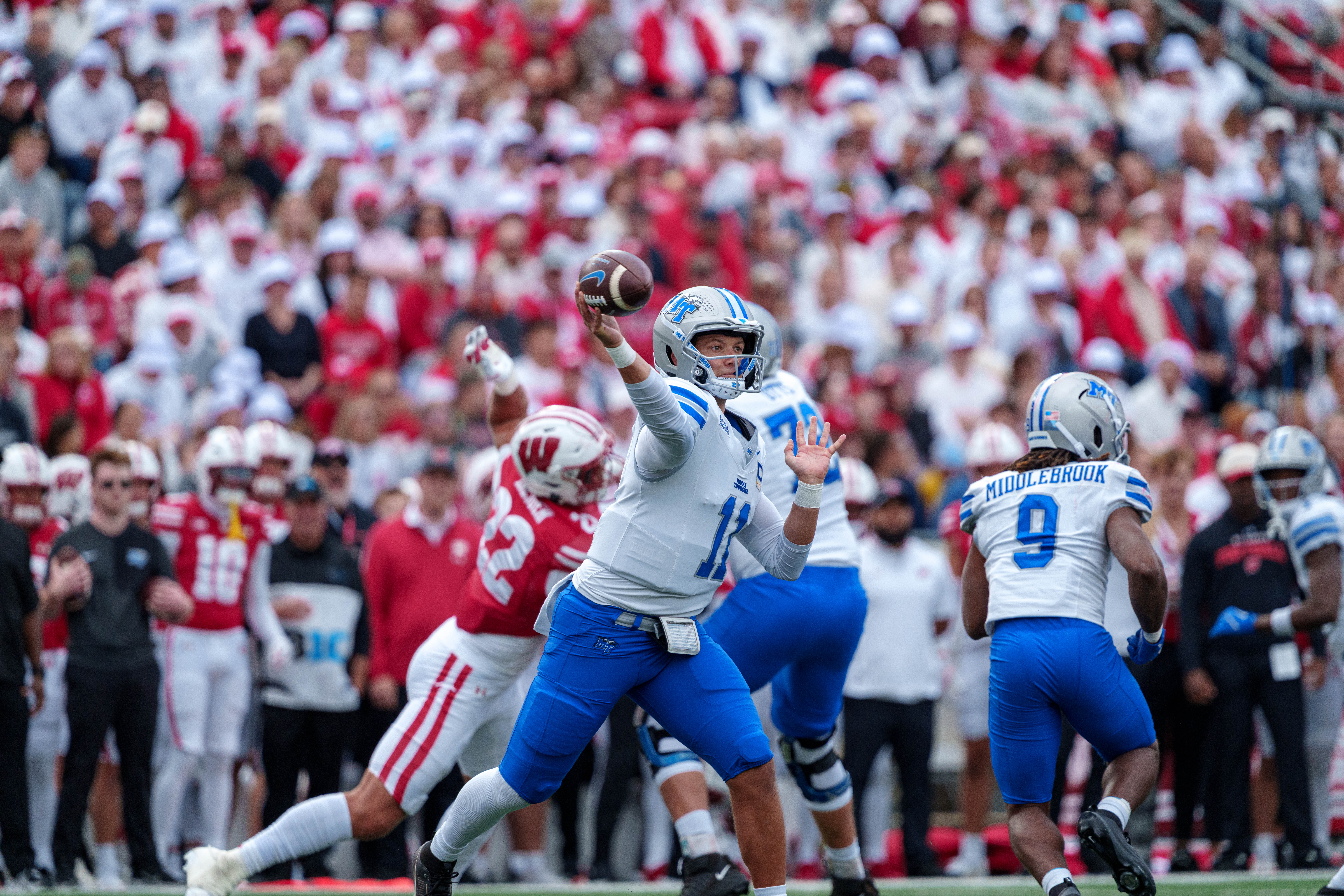 Sept 6, 2025; Madison, Wisconsin, USA; Middle Tennessee Blue Raiders quarterback Nicholas Vattiato (11) attempts a pass durning a college football game between the Wisconsin Badgers and the Middle Tennessee Blue Raiders at Camp Randall Stadium on September 06, 2025 in Madison, Wisconsin. Photography by Ross Harried for Second Crop Sports.