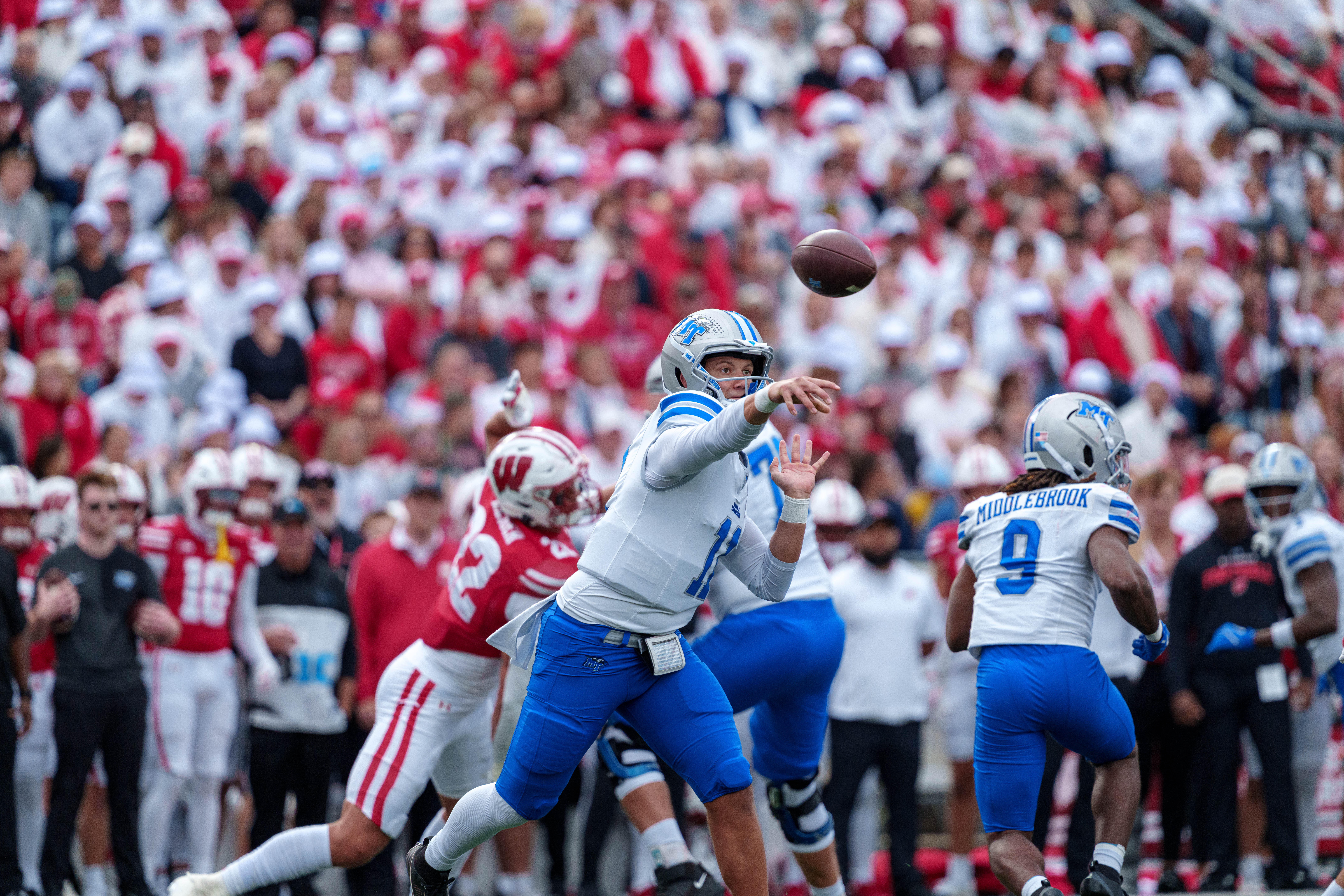 Sept 6, 2025; Madison, Wisconsin, USA; Middle Tennessee Blue Raiders quarterback Nicholas Vattiato (11) attempts a pass durning a college football game between the Wisconsin Badgers and the Middle Tennessee Blue Raiders at Camp Randall Stadium on September 06, 2025 in Madison, Wisconsin. Photography by Ross Harried for Second Crop Sports.