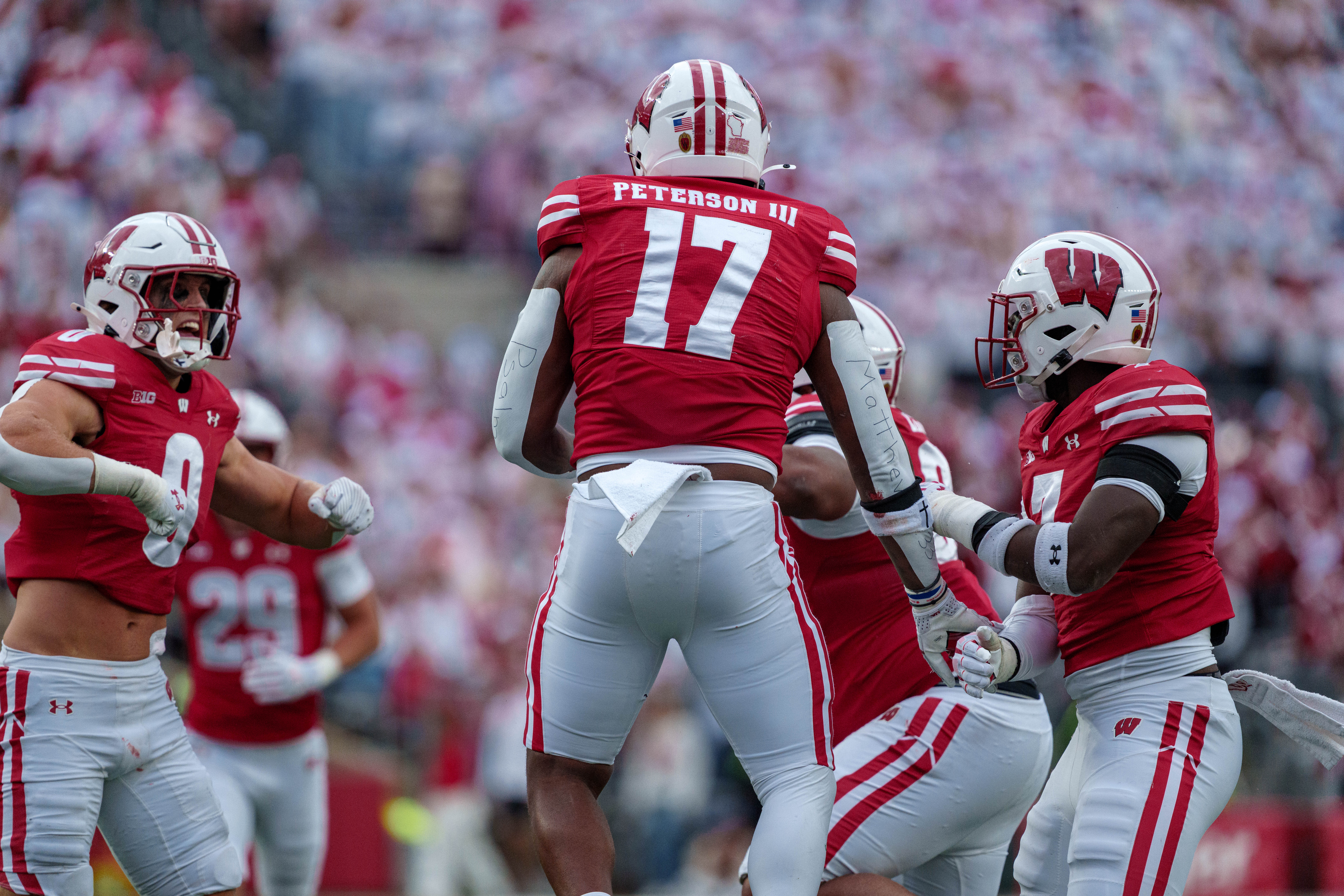Sept 6, 2025; Madison, Wisconsin, USA; Wisconsin Badgers outside linebacker Darryl Peterson III (17) celebrates after the play durning a college football game between the Wisconsin Badgers and the Middle Tennessee Blue Raiders at Camp Randall Stadium on September 06, 2025 in Madison, Wisconsin. Photography by Ross Harried for Second Crop Sports.