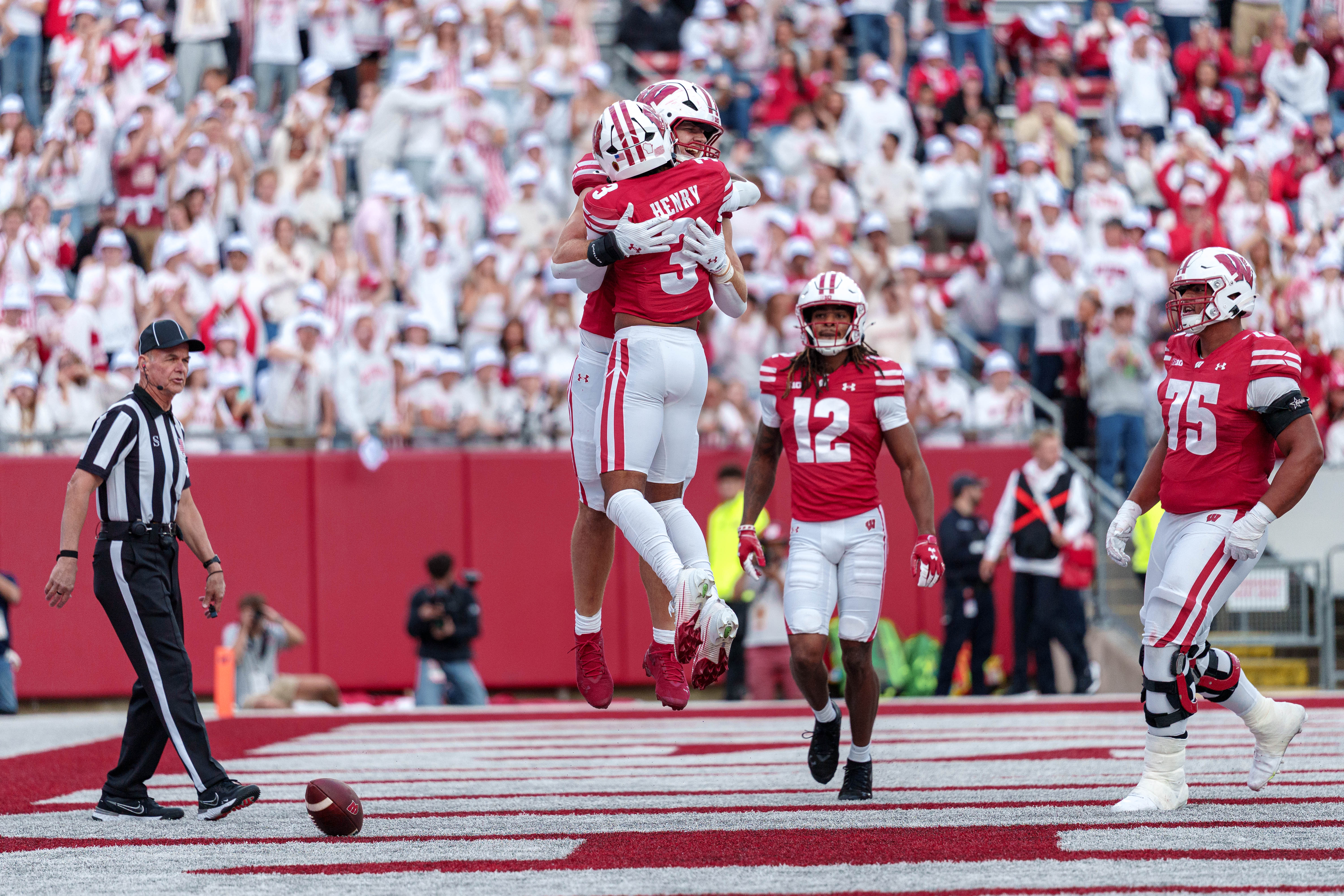 Sept 6, 2025; Madison, Wisconsin, USA; Wisconsin Badgers wide receiver Tyrell Henry (3) celebrates a touchdown durning a college football game between the Wisconsin Badgers and the Middle Tennessee Blue Raiders at Camp Randall Stadium on September 06, 2025 in Madison, Wisconsin. Photography by Ross Harried for Second Crop Sports.