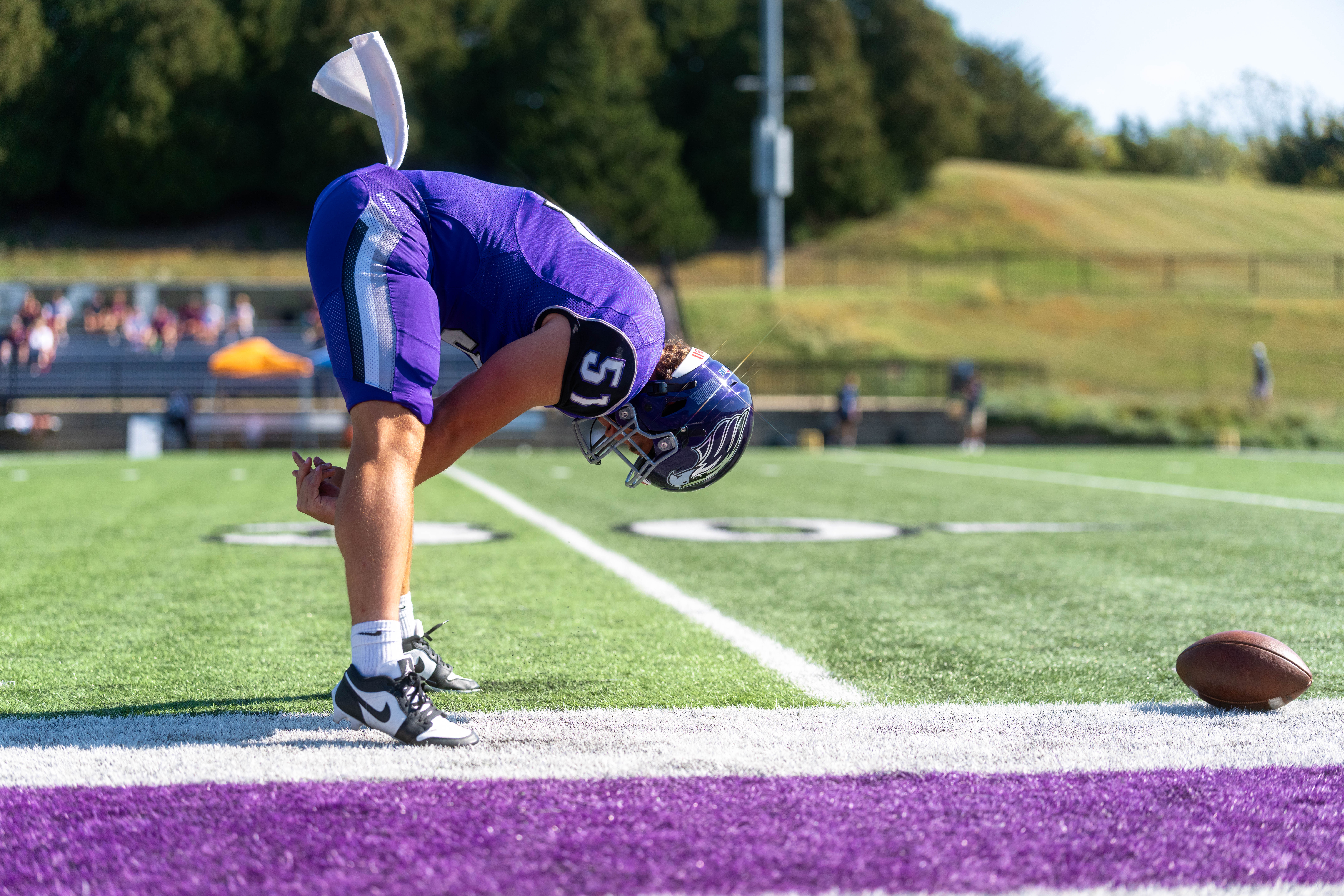 Oct 4, 2025; Whitewater, Wisconsin, USA; University of Wisconsin-Whitewater Warhawks long snapper Owen Ross (51) warms up before a college football game between the University of Wisconsin-Whitewater Warhawks and the University of Wisconsin-La Crosse Eagles at Perkins Stadium on October 04, 2025 in Whitewater, Wisconsin. Photography by Ross Harried for Second Crop Sports.