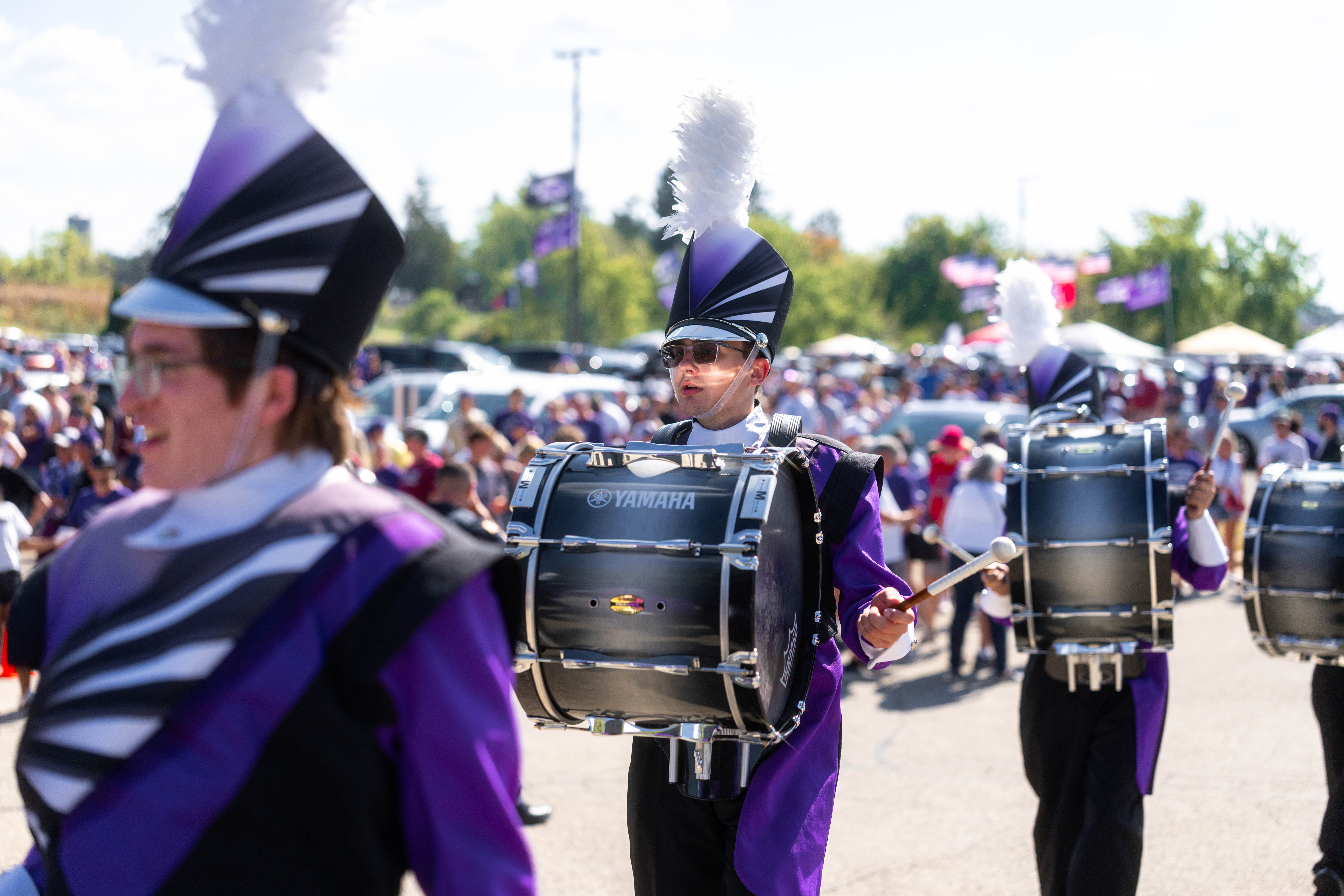 Oct 4, 2025; Whitewater, Wisconsin, USA; The University of Wisconsin-Whitewater marching band enters Perkins Stadium before a college football game between the University of Wisconsin-Whitewater Warhawks and the University of Wisconsin-La Crosse Eagles on October 04, 2025 in Whitewater, Wisconsin. Photography by Ross Harried for Second Crop Sports.