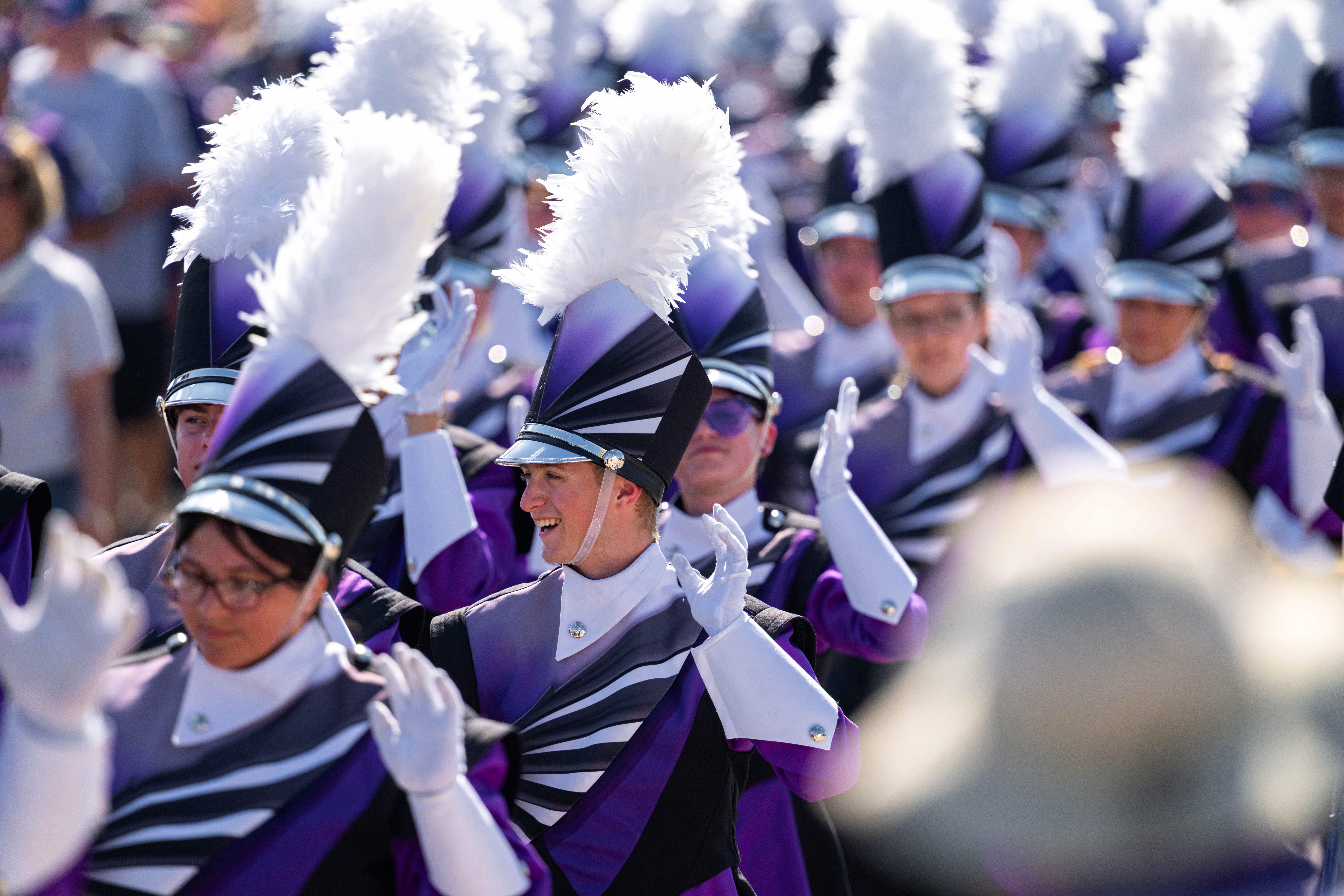 Oct 4, 2025; Whitewater, Wisconsin, USA; The University of Wisconsin-Whitewater marching band enters Perkins Stadium before a college football game between the University of Wisconsin-Whitewater Warhawks and the University of Wisconsin-La Crosse Eagles on October 04, 2025 in Whitewater, Wisconsin. Photography by Ross Harried for Second Crop Sports.