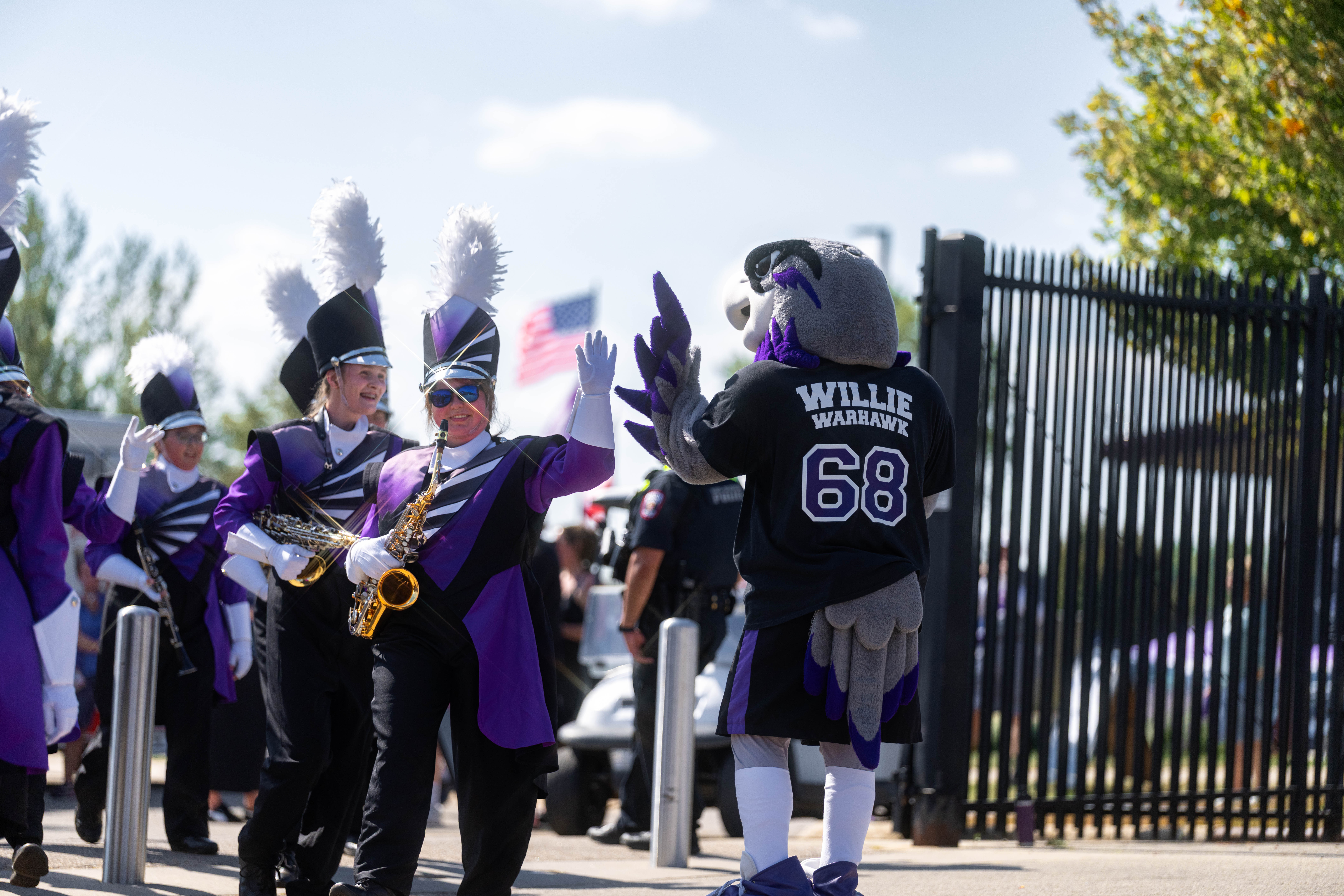 Oct 4, 2025; Whitewater, Wisconsin, USA; The University of Wisconsin-Whitewater marching band enters Perkins Stadium before a college football game between the University of Wisconsin-Whitewater Warhawks and the University of Wisconsin-La Crosse Eagles on October 04, 2025 in Whitewater, Wisconsin. Photography by Ross Harried for Second Crop Sports.