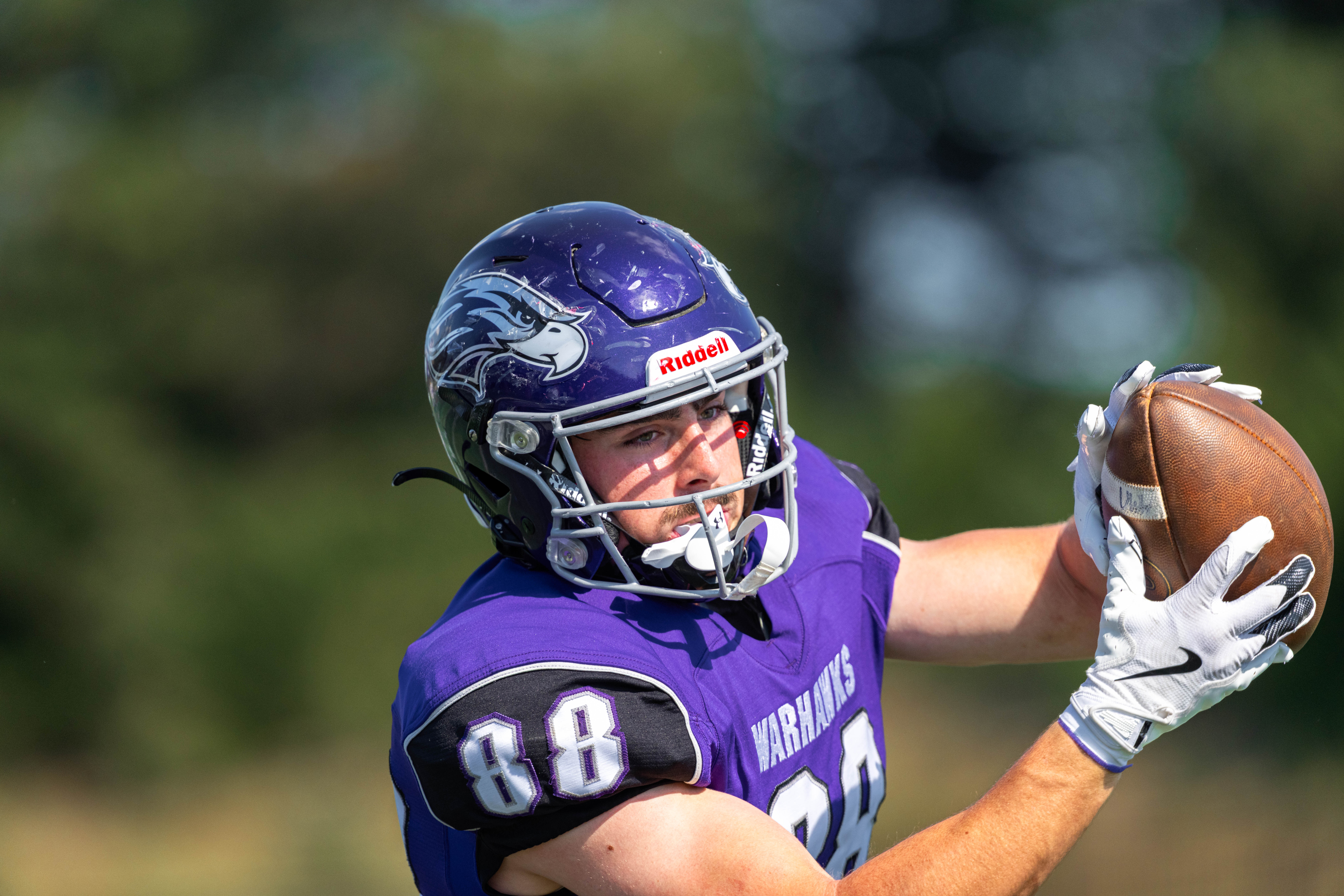 Oct 4, 2025; Whitewater, Wisconsin, USA; University of Wisconsin-Whitewater Warhawks wide receiver Kade Sainz (88) warms up before a college football game between the University of Wisconsin-Whitewater Warhawks and the University of Wisconsin-La Crosse Eagles at Perkins Stadium on October 04, 2025 in Whitewater, Wisconsin. Photography by Ross Harried for Second Crop Sports.