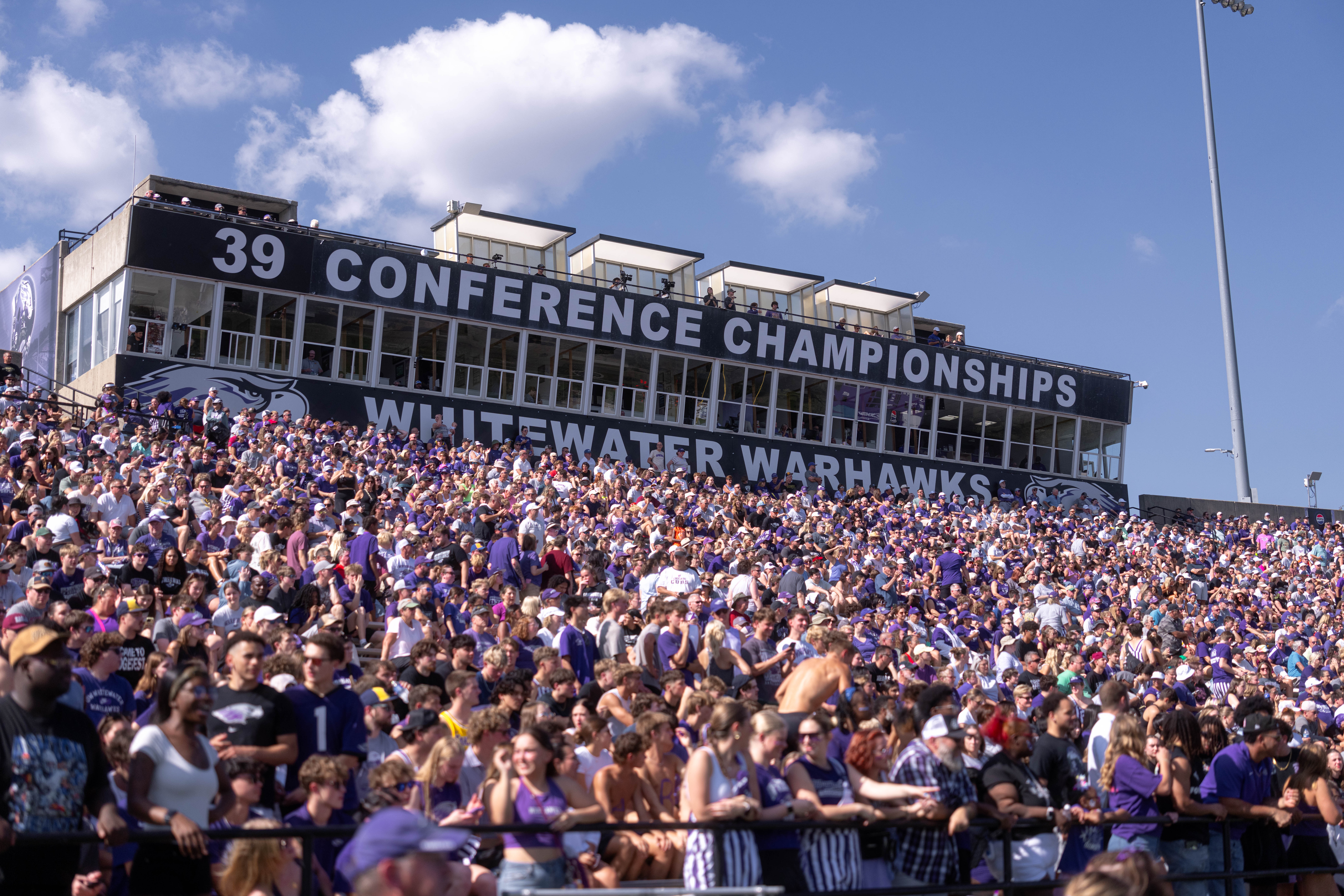 Oct 4, 2025; Whitewater, Wisconsin, USA; A college football game between the University of Wisconsin-Whitewater Warhawks and the University of Wisconsin-La Crosse Eagles at Perkins Stadium on October 04, 2025 in Whitewater, Wisconsin. Photography by Ross Harried for Second Crop Sports.