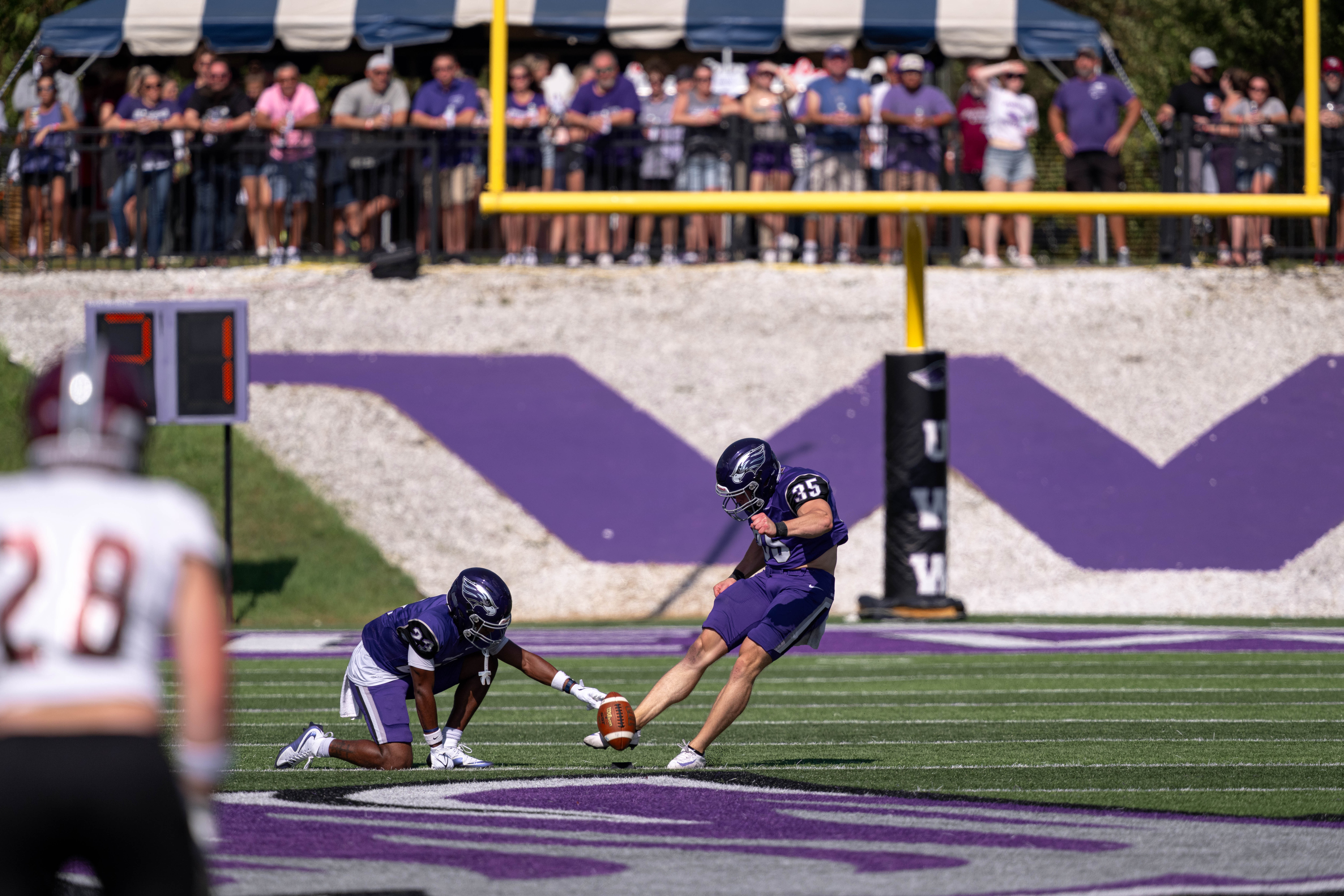 Oct 4, 2025; Whitewater, Wisconsin, USA; University of Wisconsin-Whitewater Warhawks kicker Dylan Tackett (35) kicks the opening kickoff durning a college football game between the University of Wisconsin-Whitewater Warhawks and the University of Wisconsin-La Crosse Eagles at Perkins Stadium on October 04, 2025 in Whitewater, Wisconsin. Photography by Ross Harried for Second Crop Sports.
