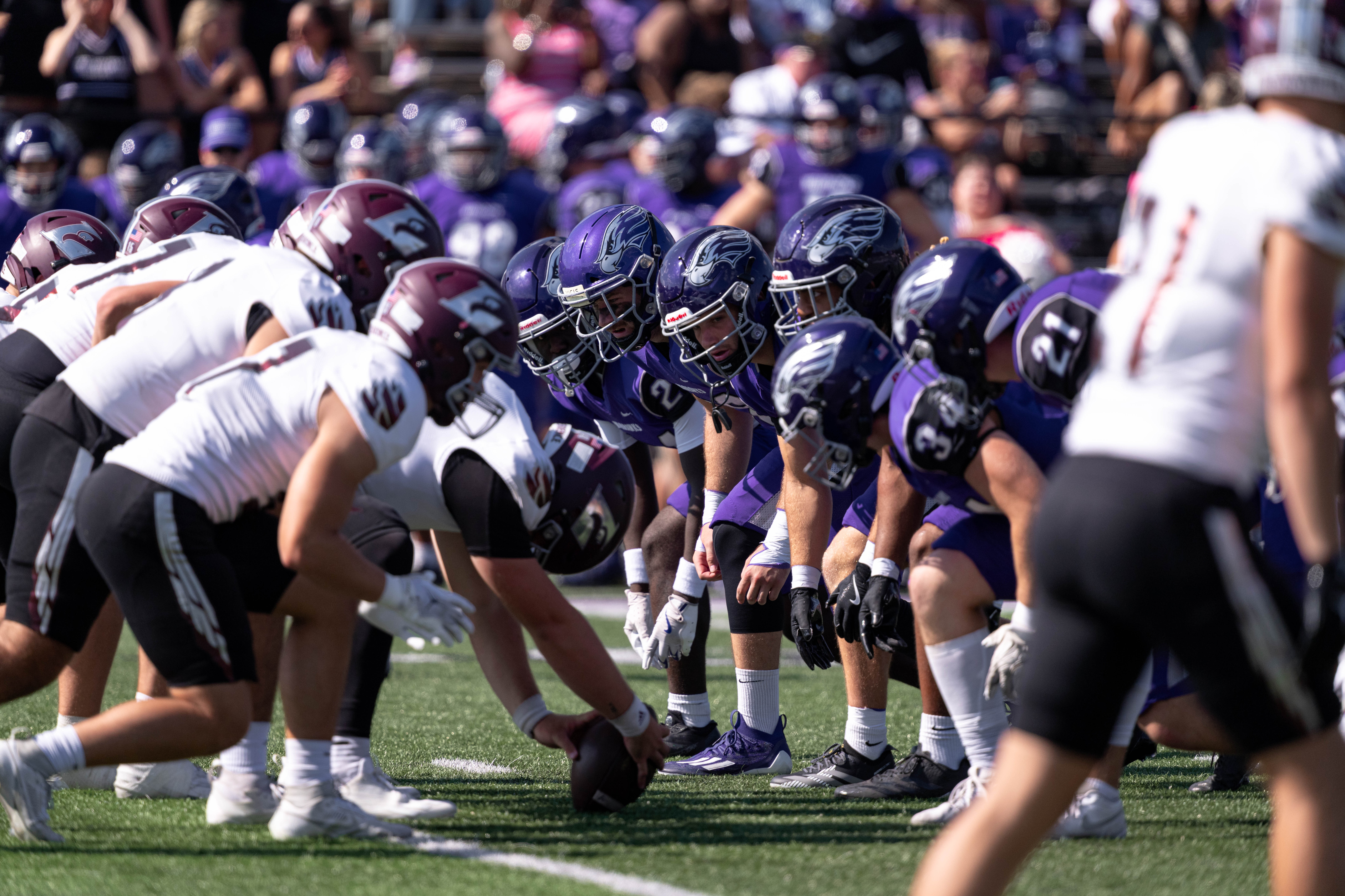Oct 4, 2025; Whitewater, Wisconsin, USA; A college football game between the University of Wisconsin-Whitewater Warhawks and the University of Wisconsin-La Crosse Eagles at Perkins Stadium on October 04, 2025 in Whitewater, Wisconsin. Photography by Ross Harried for Second Crop Sports.