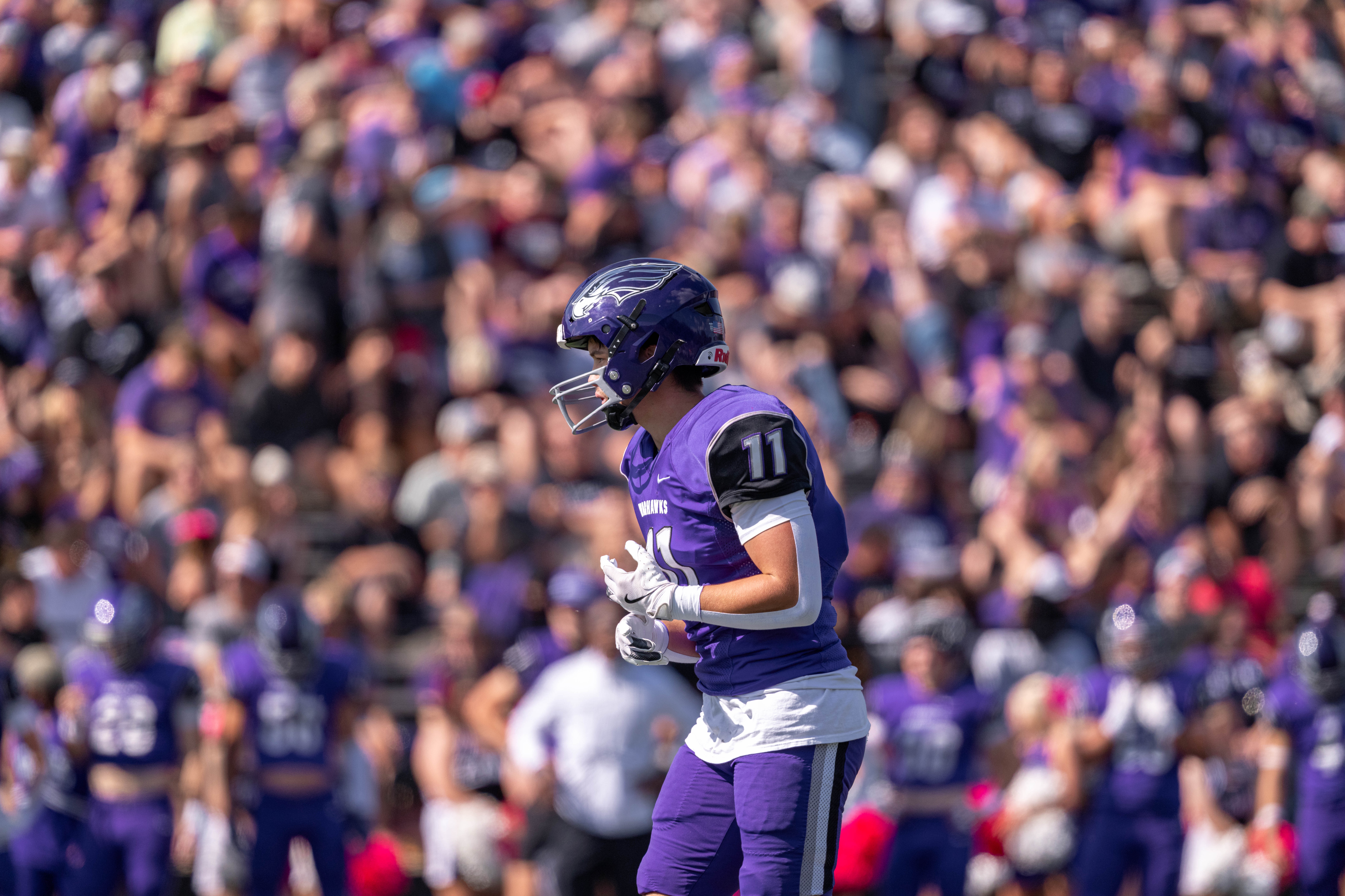Oct 4, 2025; Whitewater, Wisconsin, USA; University of Wisconsin-Whitewater Warhawks defensive back Deven Magli (11) durning a college football game between the University of Wisconsin-Whitewater Warhawks and the University of Wisconsin-La Crosse Eagles at Perkins Stadium on October 04, 2025 in Whitewater, Wisconsin. Photography by Ross Harried for Second Crop Sports.