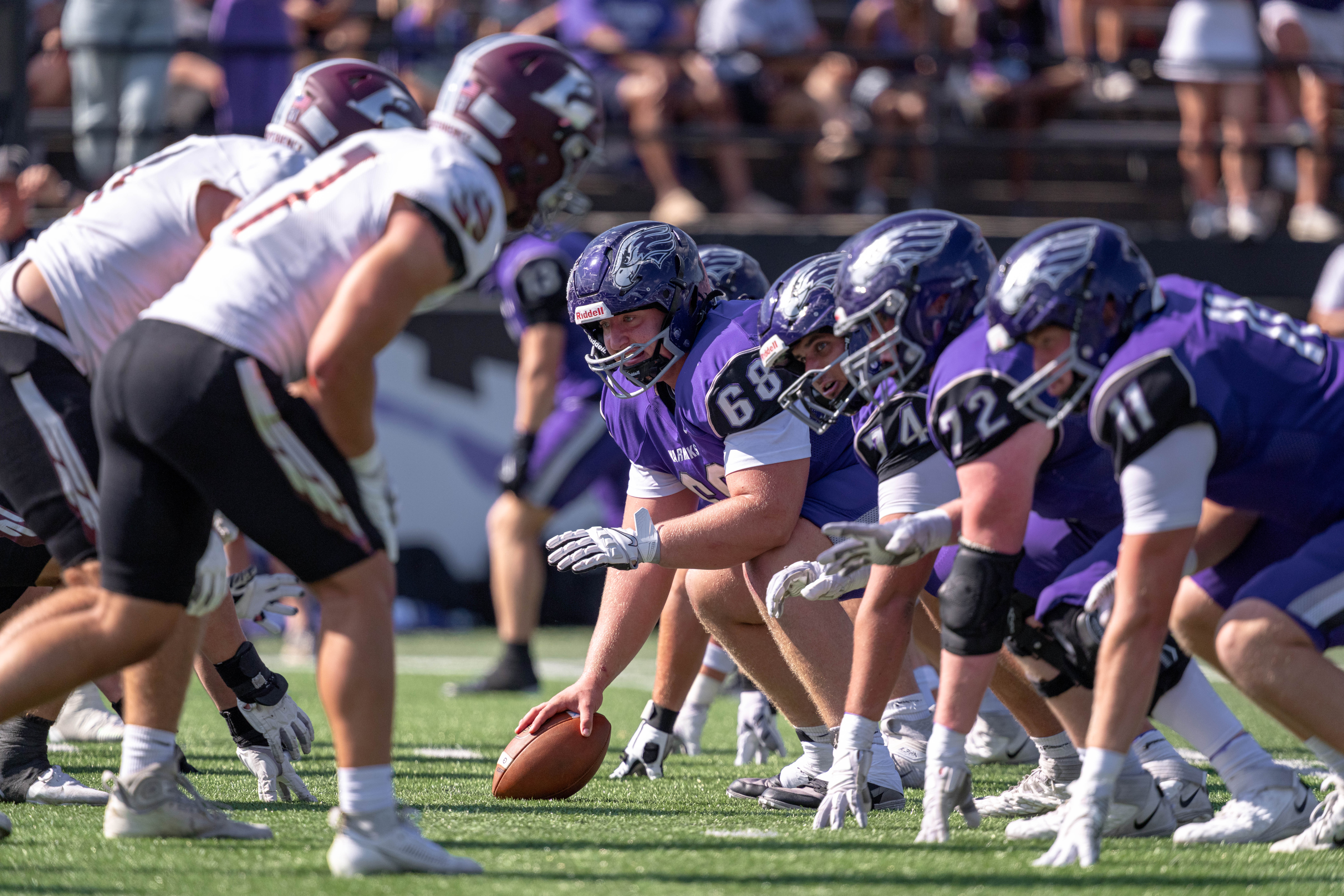 Oct 4, 2025; Whitewater, Wisconsin, USA; A college football game between the University of Wisconsin-Whitewater Warhawks and the University of Wisconsin-La Crosse Eagles at Perkins Stadium on October 04, 2025 in Whitewater, Wisconsin. Photography by Ross Harried for Second Crop Sports.