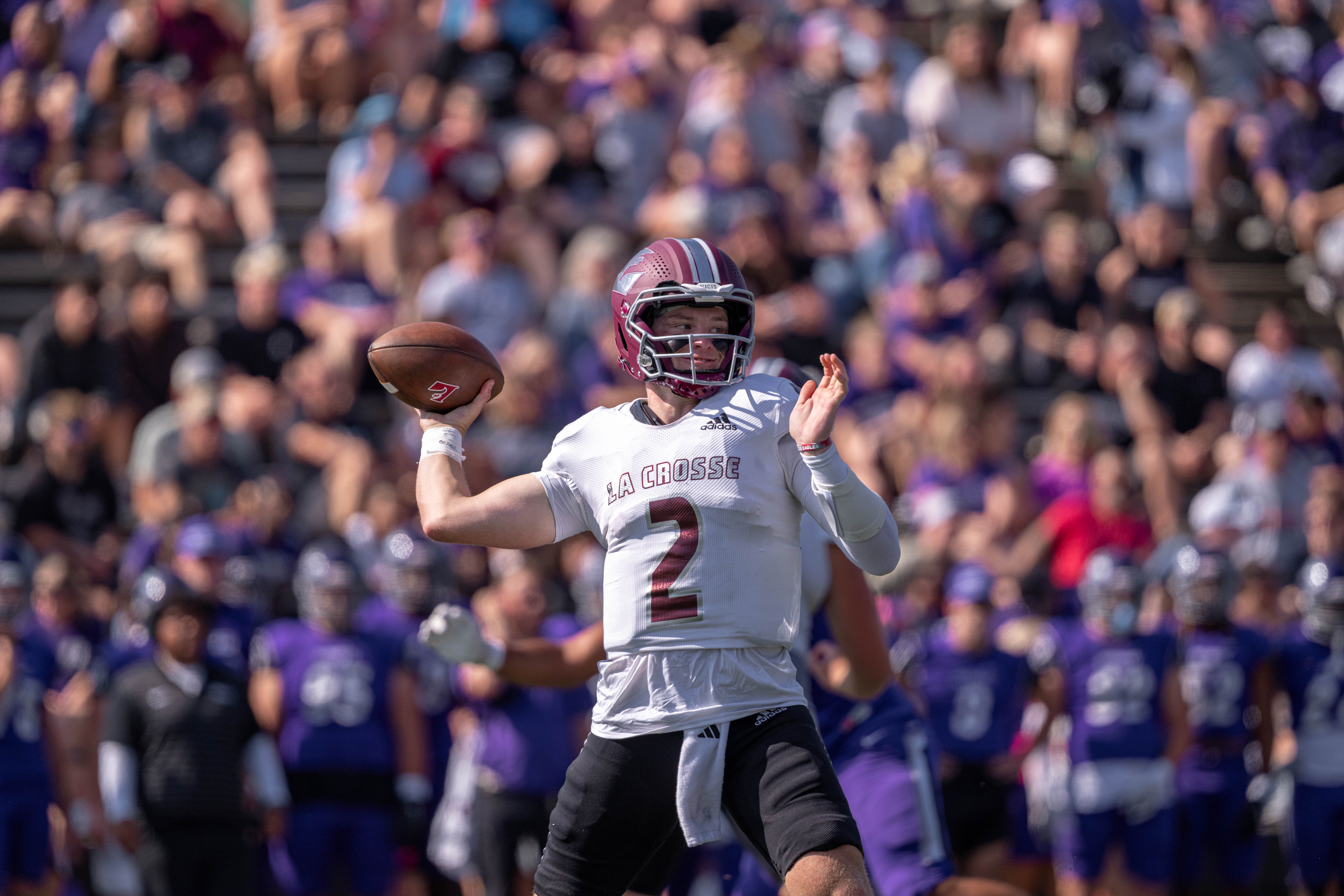 Oct 4, 2025; Whitewater, Wisconsin, USA; University of Wisconsin-La Crosse Eagles quarterback Kyle Haas (2) attempts a pass durning a college football game between the University of Wisconsin-Whitewater Warhawks and the University of Wisconsin-La Crosse Eagles at Perkins Stadium on October 04, 2025 in Whitewater, Wisconsin. Photography by Ross Harried for Second Crop Sports.