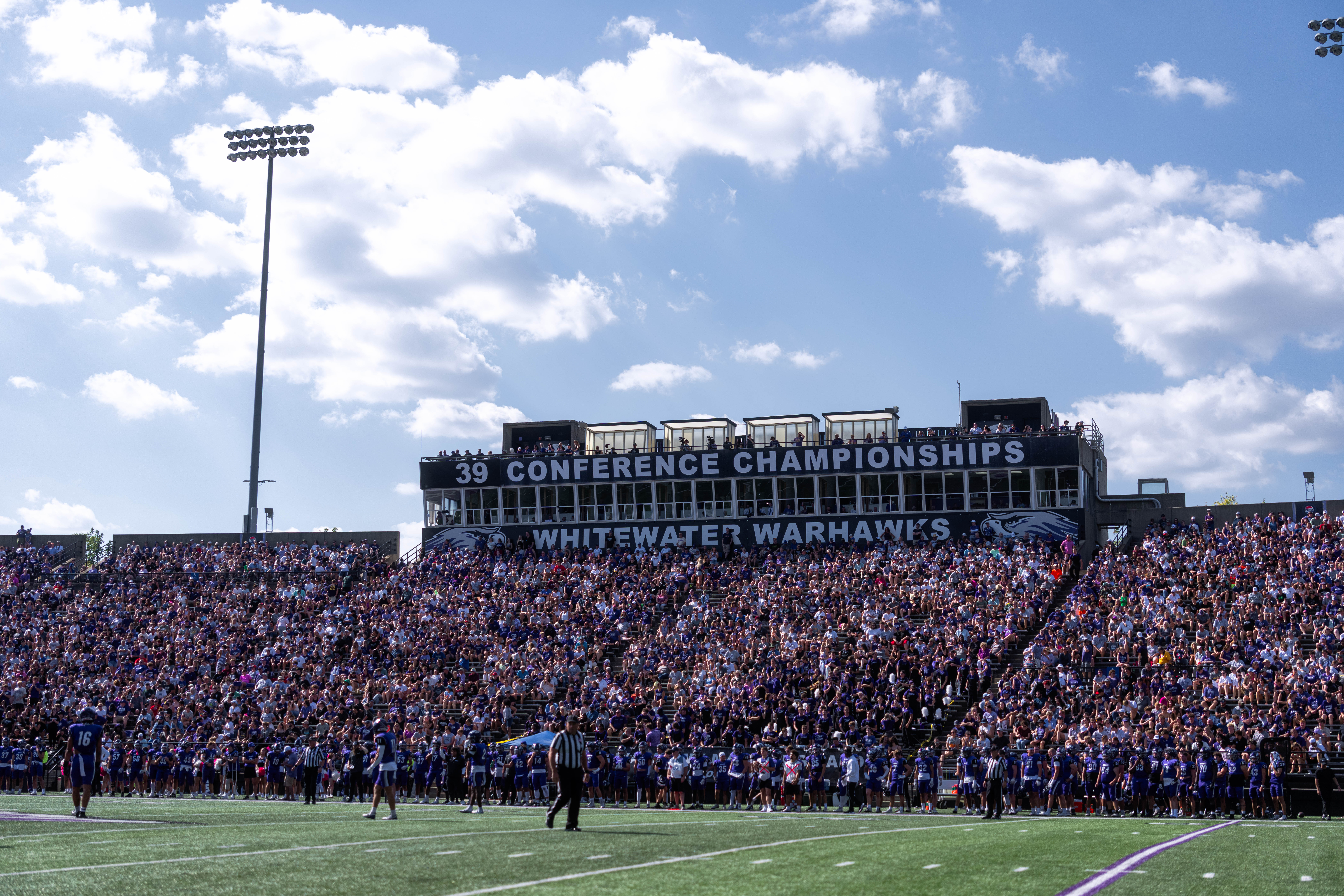 Oct 4, 2025; Whitewater, Wisconsin, USA; A college football game between the University of Wisconsin-Whitewater Warhawks and the University of Wisconsin-La Crosse Eagles at Perkins Stadium on October 04, 2025 in Whitewater, Wisconsin. Photography by Ross Harried for Second Crop Sports.