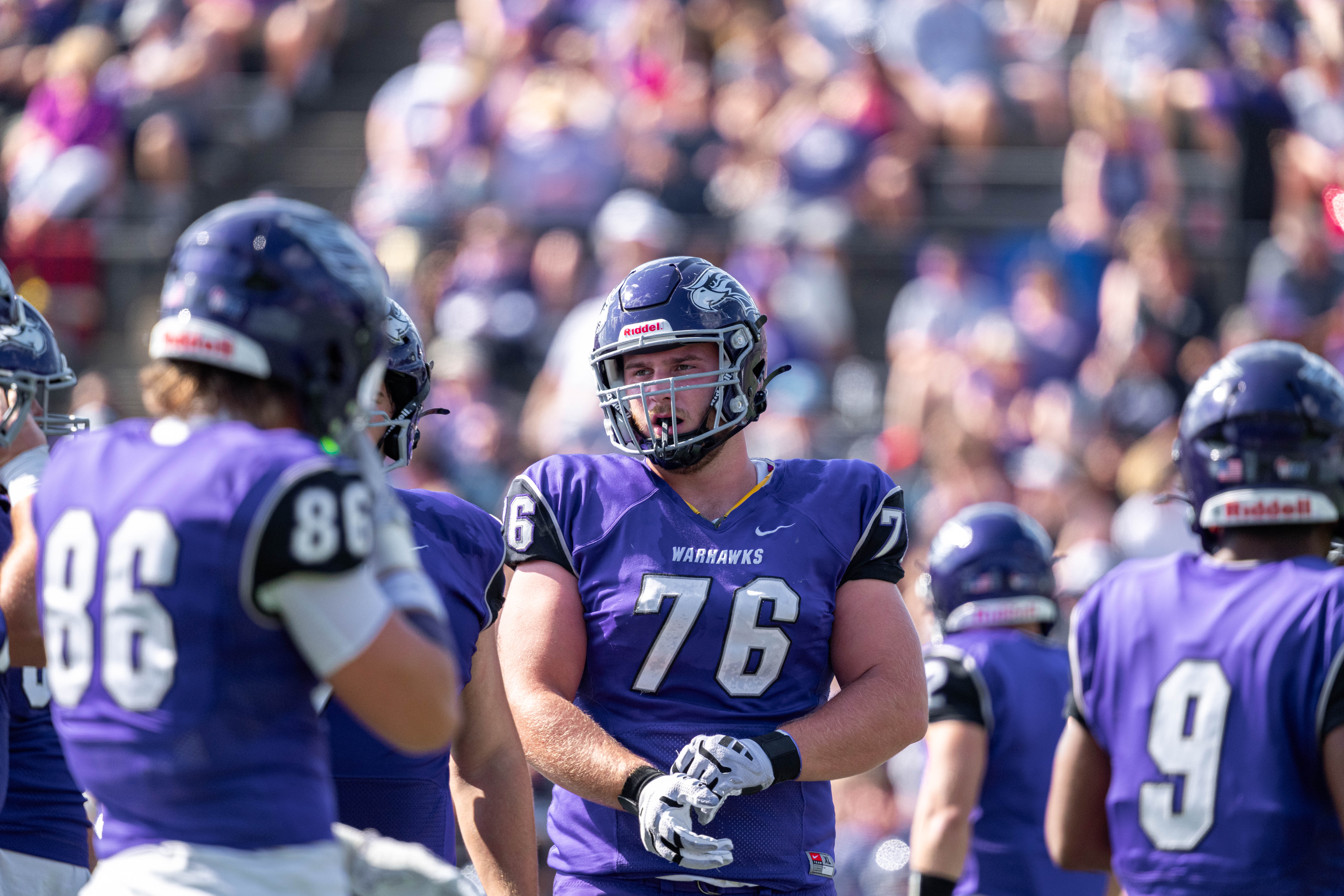 Oct 4, 2025; Whitewater, Wisconsin, USA; University of Wisconsin-Whitewater Warhawks offensive lineman Troy Dietzler (76) durning a college football game between the University of Wisconsin-Whitewater Warhawks and the University of Wisconsin-La Crosse Eagles at Perkins Stadium on October 04, 2025 in Whitewater, Wisconsin. Photography by Ross Harried for Second Crop Sports.