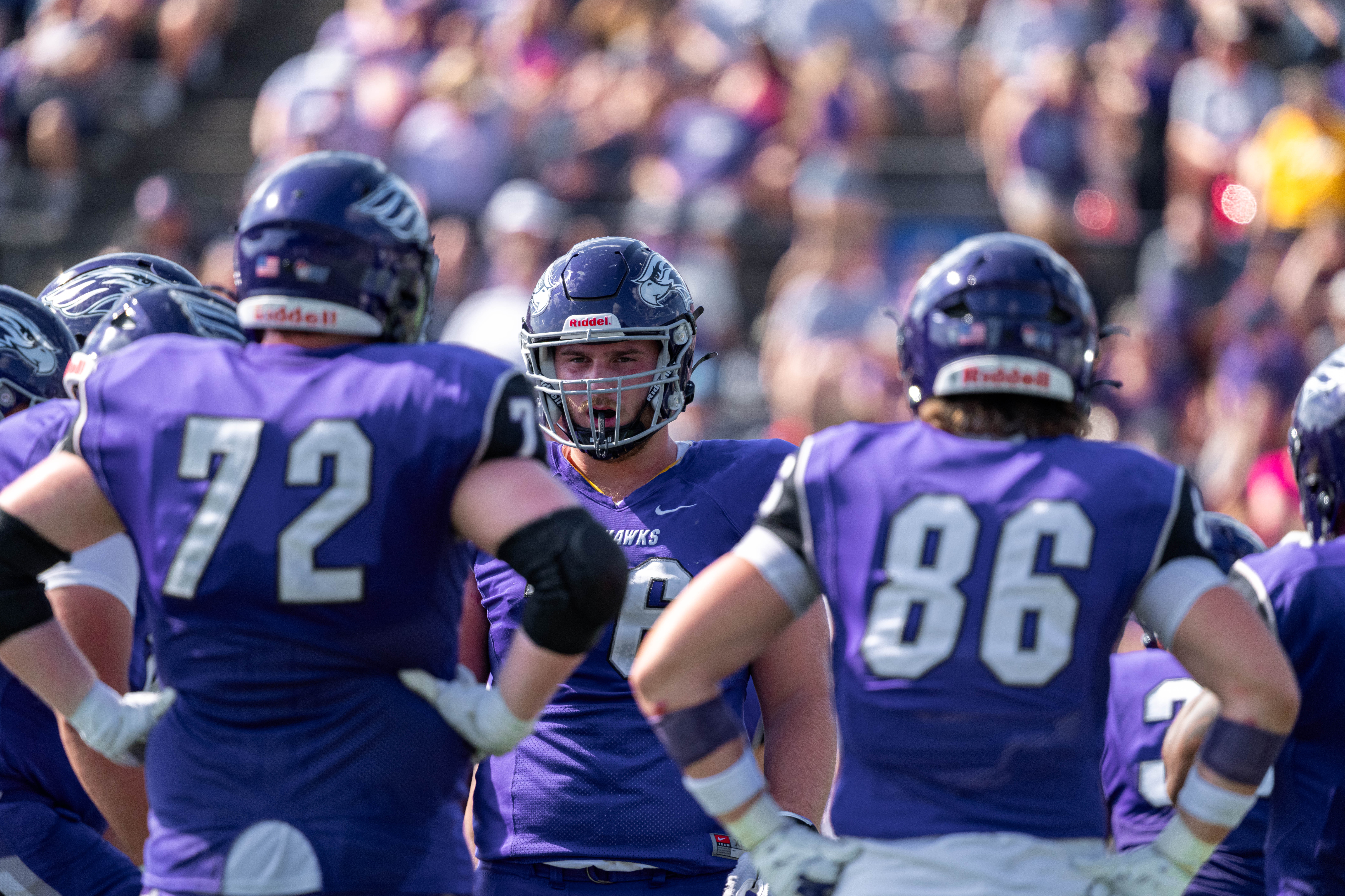 Oct 4, 2025; Whitewater, Wisconsin, USA; A college football game between the University of Wisconsin-Whitewater Warhawks and the University of Wisconsin-La Crosse Eagles at Perkins Stadium on October 04, 2025 in Whitewater, Wisconsin. Photography by Ross Harried for Second Crop Sports.