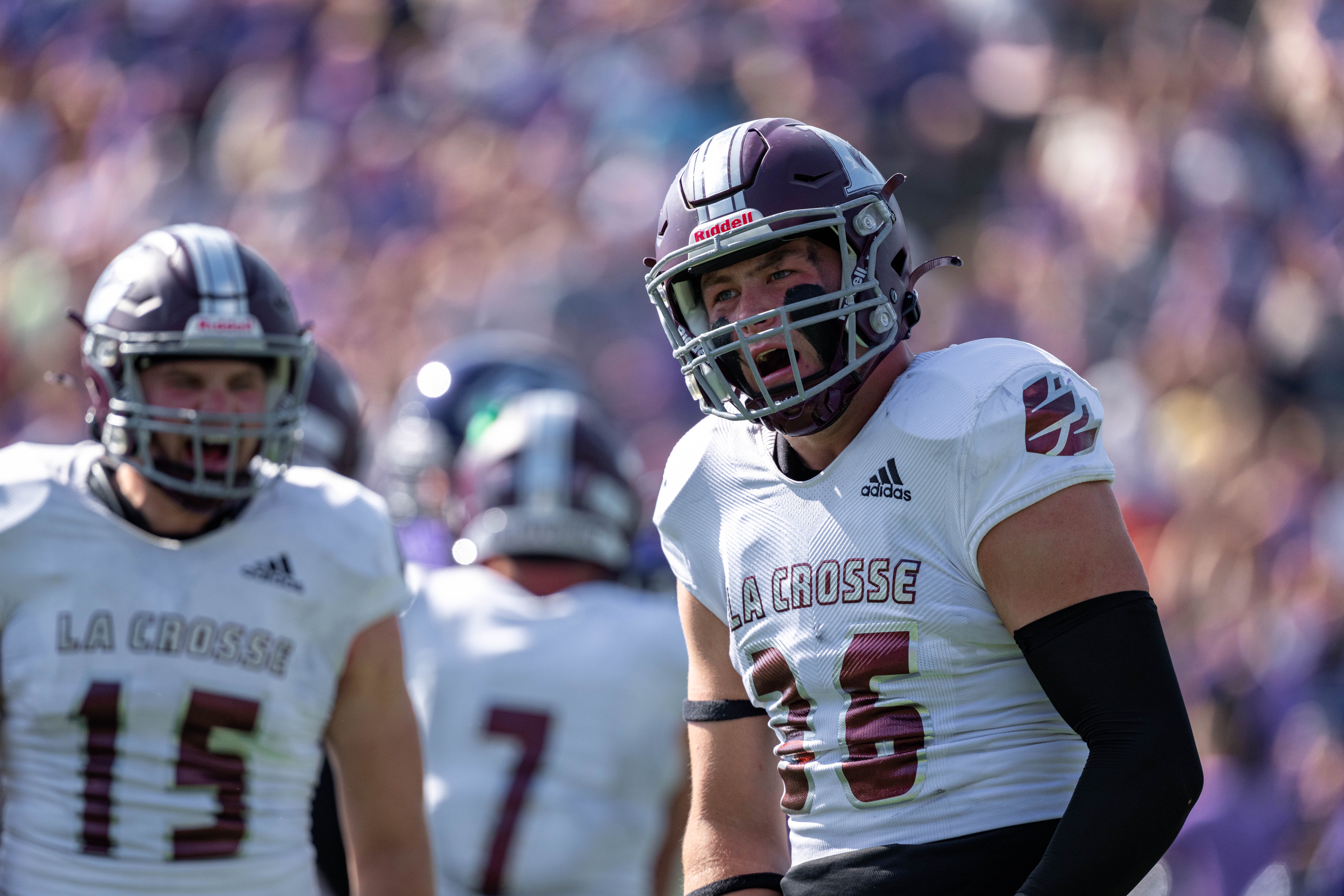 Oct 4, 2025; Whitewater, Wisconsin, USA; University of Wisconsin-La Crosse Eagles linebacker Ben Ott (36) celebrates after a play durning a college football game between the University of Wisconsin-Whitewater Warhawks and the University of Wisconsin-La Crosse Eagles at Perkins Stadium on October 04, 2025 in Whitewater, Wisconsin. Photography by Ross Harried for Second Crop Sports.