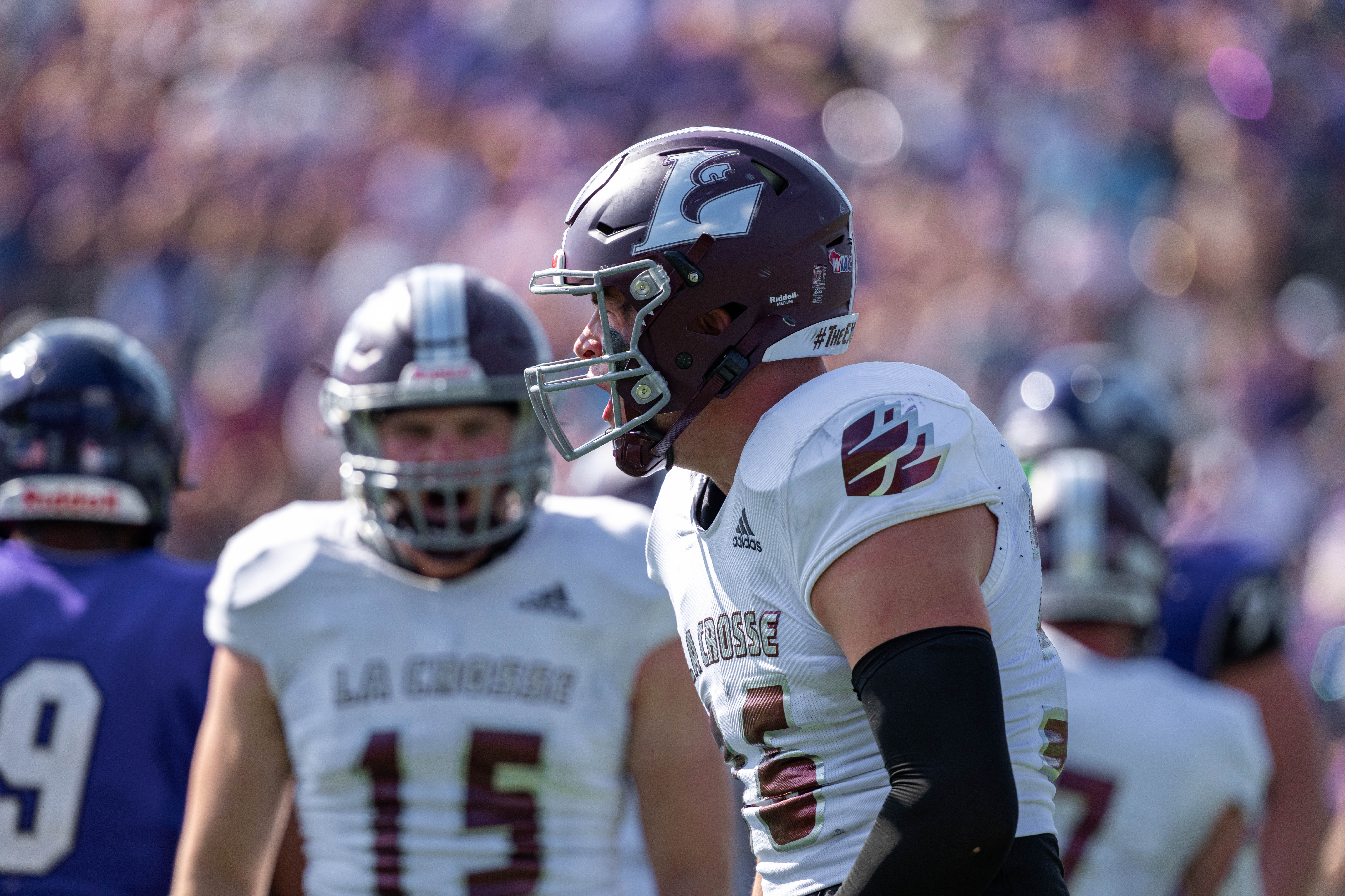 Oct 4, 2025; Whitewater, Wisconsin, USA; University of Wisconsin-La Crosse Eagles linebacker Ben Ott (36) celebrates after a play durning a college football game between the University of Wisconsin-Whitewater Warhawks and the University of Wisconsin-La Crosse Eagles at Perkins Stadium on October 04, 2025 in Whitewater, Wisconsin. Photography by Ross Harried for Second Crop Sports.