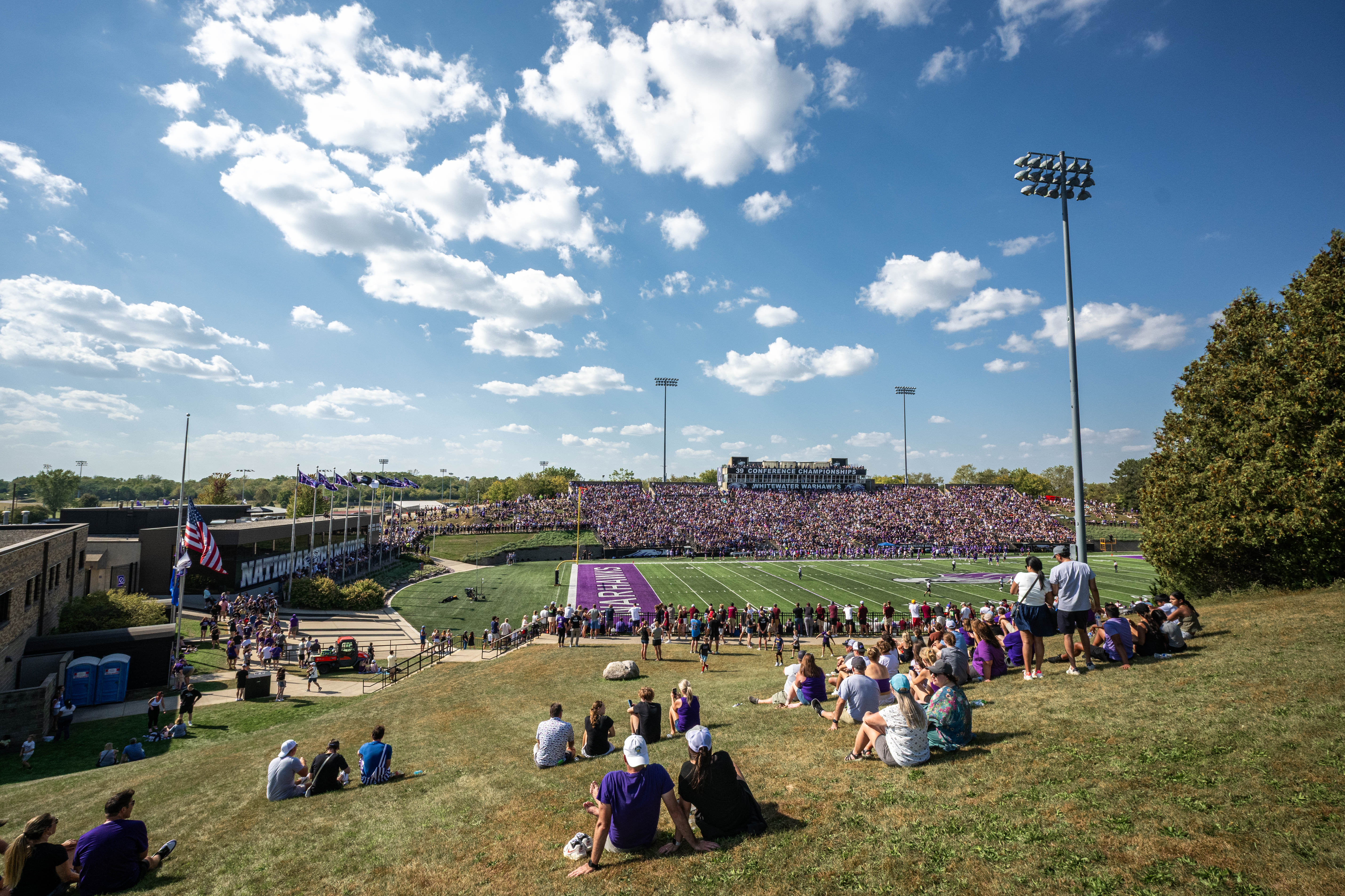 Oct 4, 2025; Whitewater, Wisconsin, USA;A college football game between the University of Wisconsin-Whitewater Warhawks and the University of Wisconsin-La Crosse Eagles at Perkins Stadium on October 04, 2025 in Whitewater, Wisconsin. Photography by Ross Harried for Second Crop Sports.