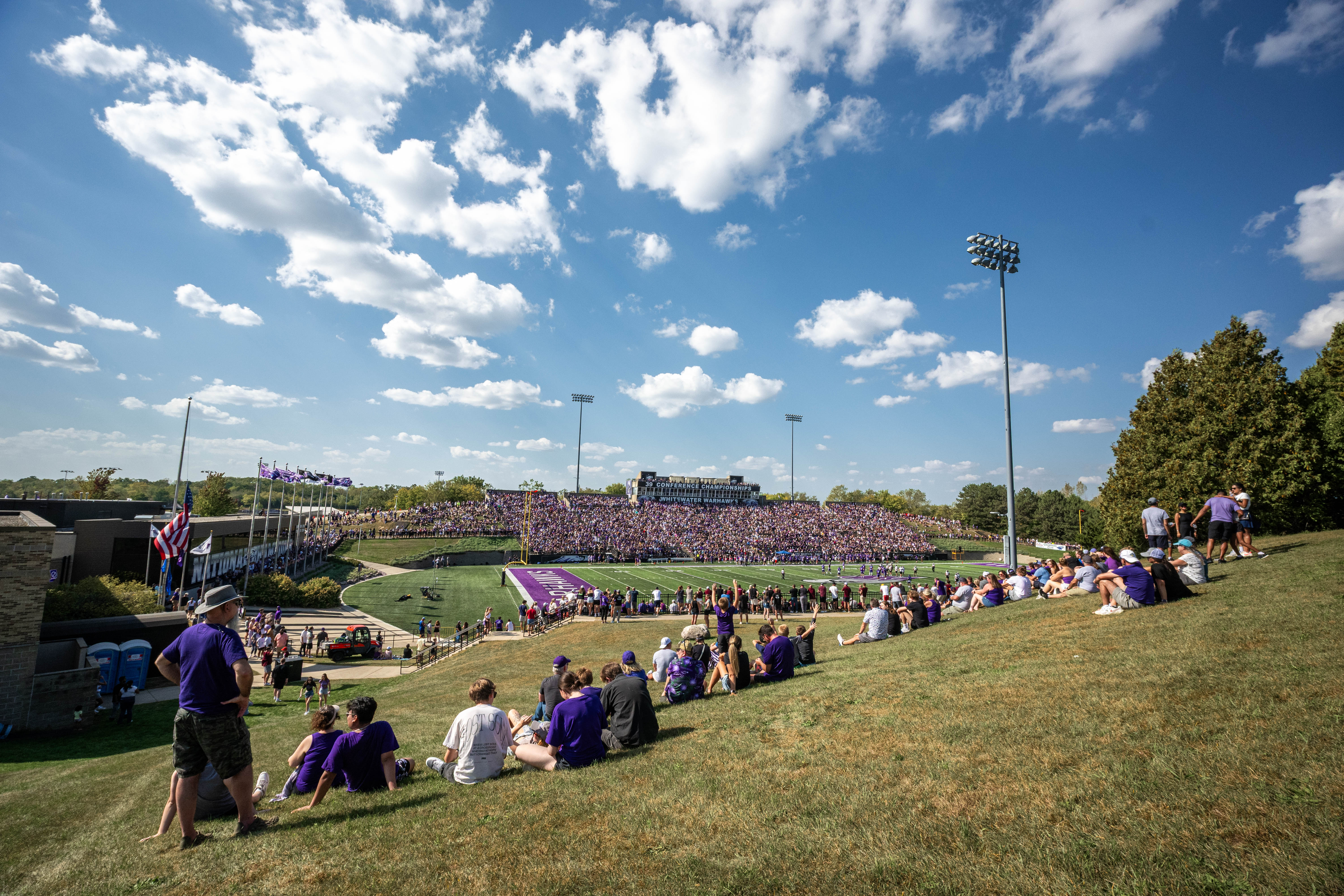 Oct 4, 2025; Whitewater, Wisconsin, USA;A college football game between the University of Wisconsin-Whitewater Warhawks and the University of Wisconsin-La Crosse Eagles at Perkins Stadium on October 04, 2025 in Whitewater, Wisconsin. Photography by Ross Harried for Second Crop Sports.