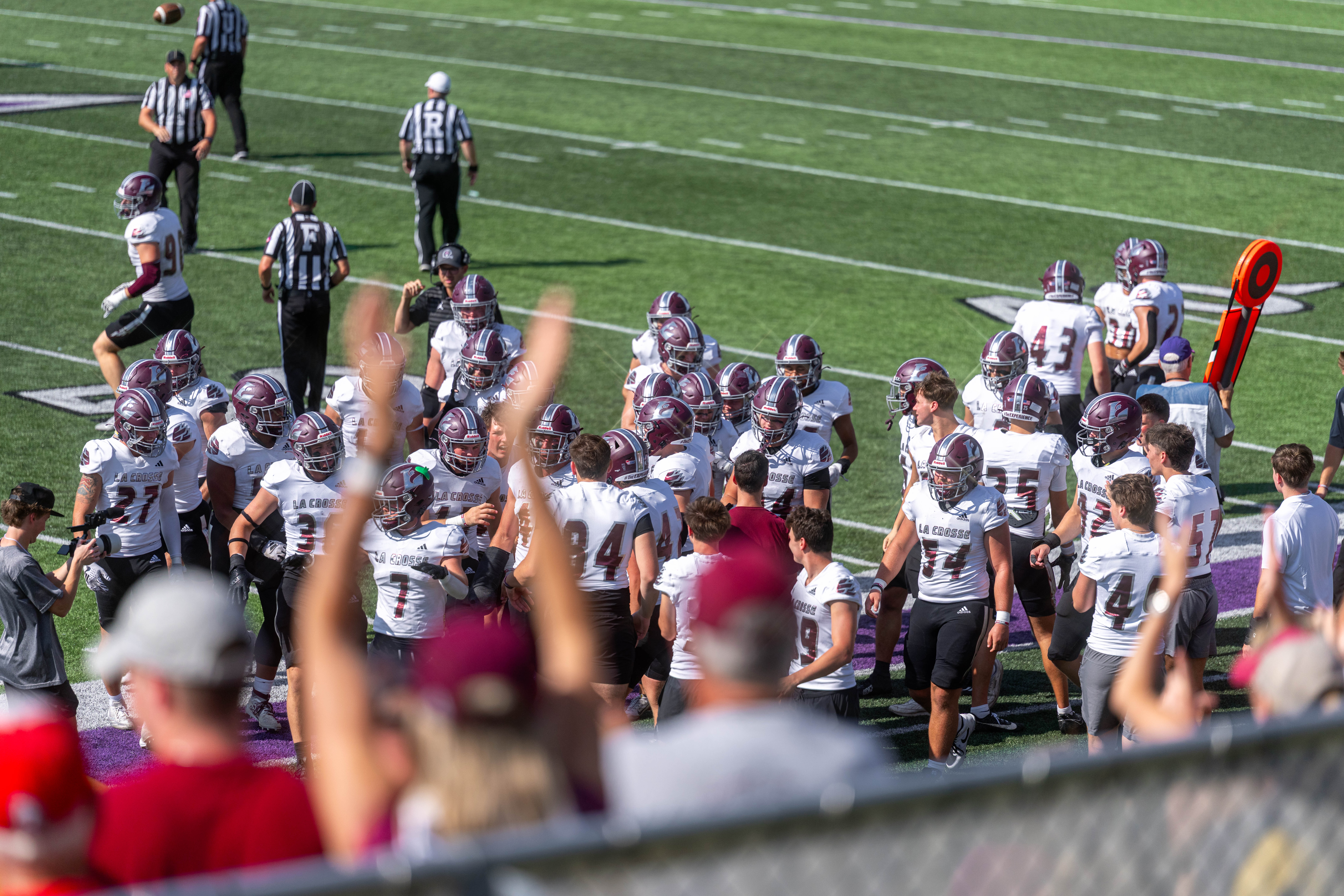 Oct 4, 2025; Whitewater, Wisconsin, USA;A college football game between the University of Wisconsin-Whitewater Warhawks and the University of Wisconsin-La Crosse Eagles at Perkins Stadium on October 04, 2025 in Whitewater, Wisconsin. Photography by Ross Harried for Second Crop Sports.