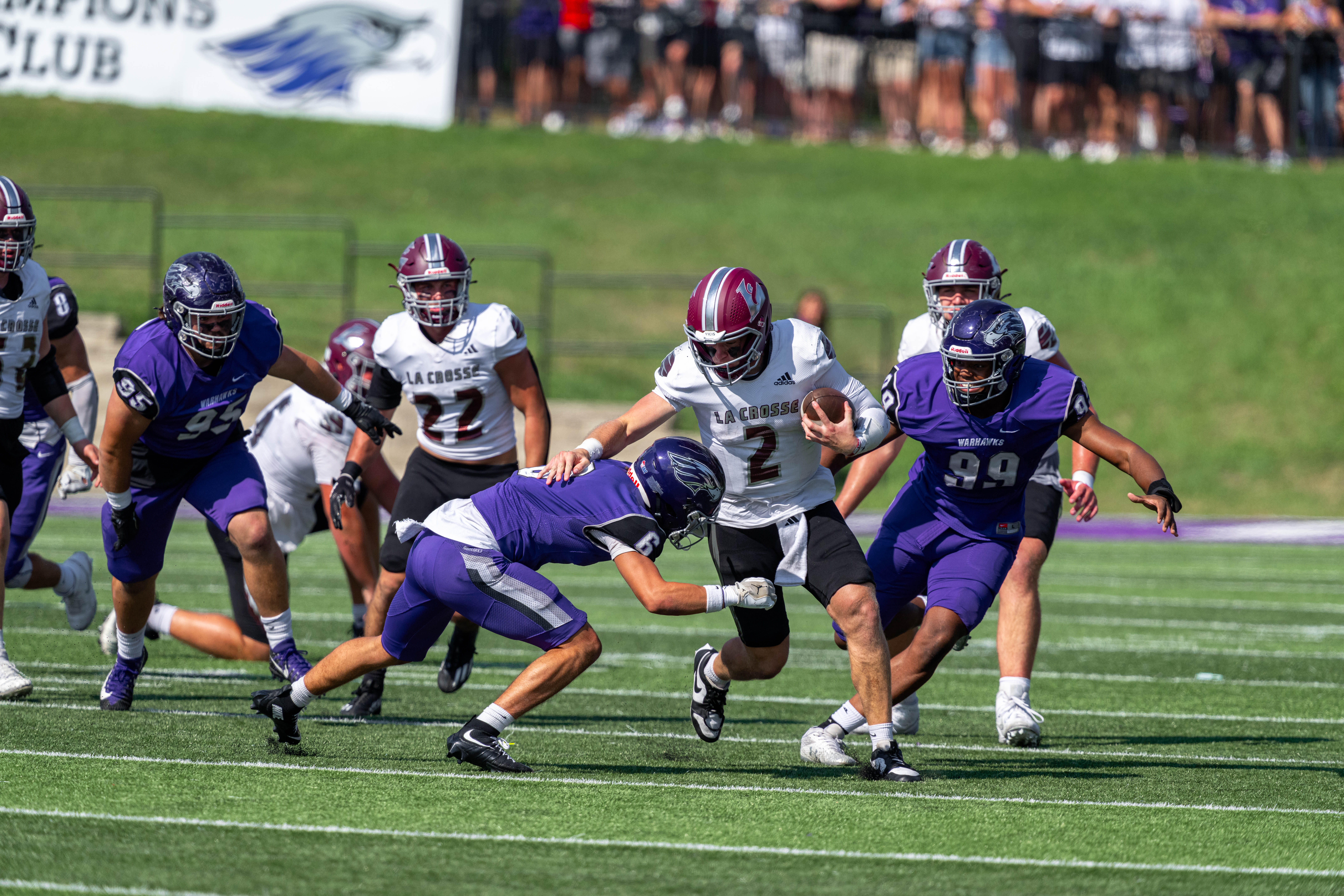 Oct 4, 2025; Whitewater, Wisconsin, USA; University of Wisconsin-La Crosse Eagles quarterback Kyle Haas (2) runs the ball durning a college football game between the University of Wisconsin-Whitewater Warhawks and the University of Wisconsin-La Crosse Eagles at Perkins Stadium on October 04, 2025 in Whitewater, Wisconsin. Photography by Ross Harried for Second Crop Sports.