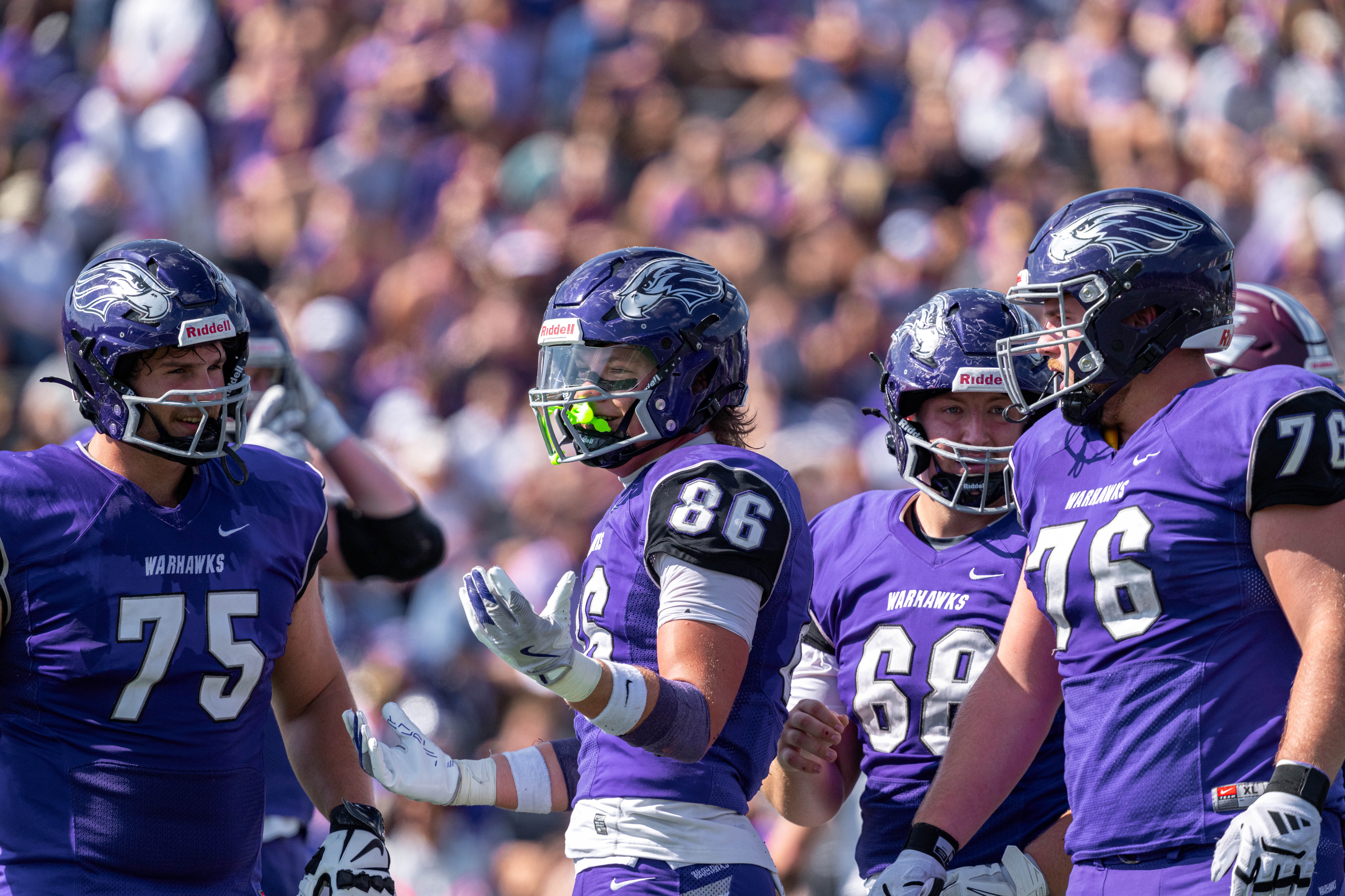 Oct 4, 2025; Whitewater, Wisconsin, USA; University of Wisconsin-Whitewater Warhawks tight end Collin Fritts (86) after a play durning a college football game between the University of Wisconsin-Whitewater Warhawks and the University of Wisconsin-La Crosse Eagles at Perkins Stadium on October 04, 2025 in Whitewater, Wisconsin. Photography by Ross Harried for Second Crop Sports.