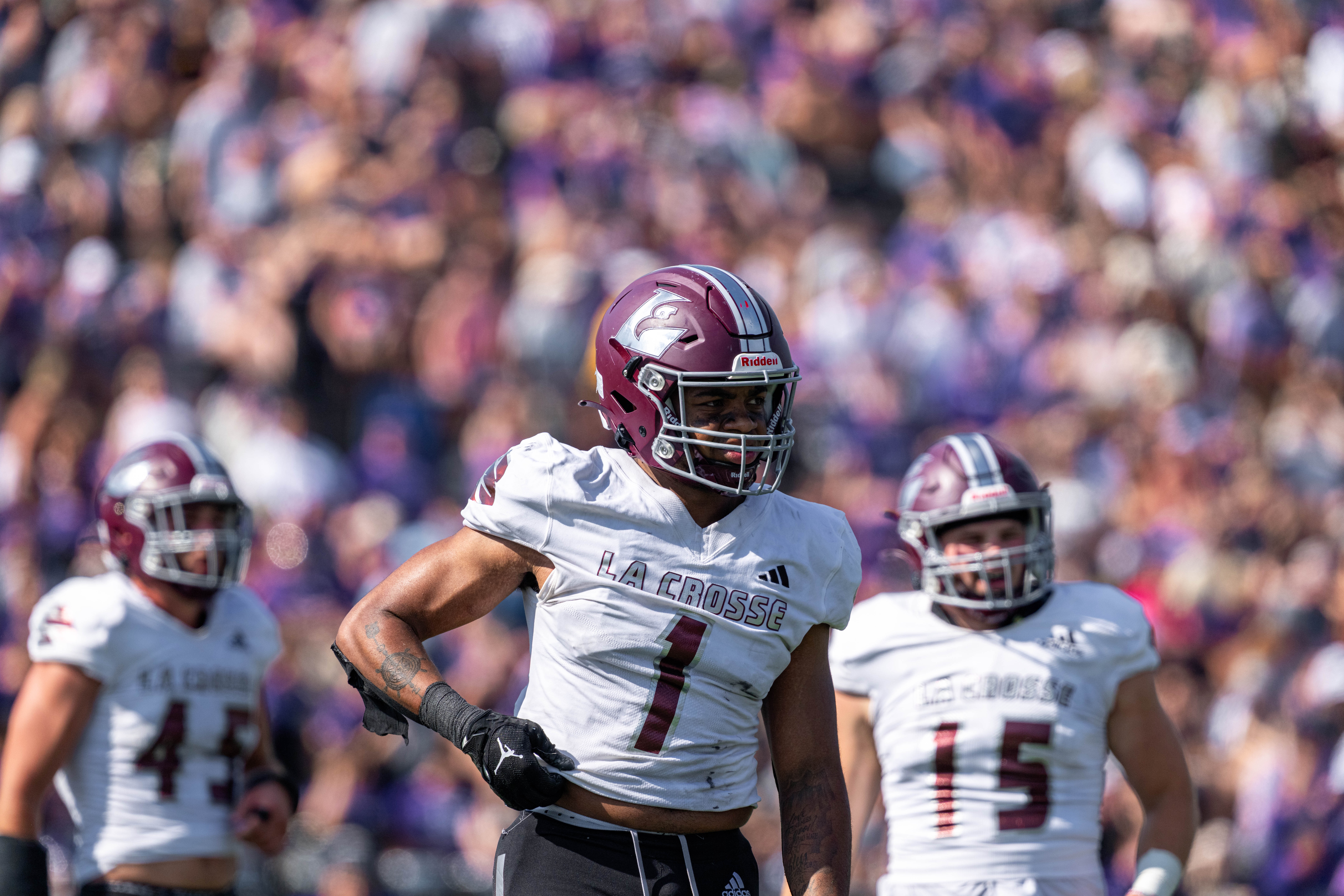 Oct 4, 2025; Whitewater, Wisconsin, USA; University of Wisconsin-La Crosse Eagles defensive lineman Christian Powell (1) durning a college football game between the University of Wisconsin-Whitewater Warhawks and the University of Wisconsin-La Crosse Eagles at Perkins Stadium on October 04, 2025 in Whitewater, Wisconsin. Photography by Ross Harried for Second Crop Sports.