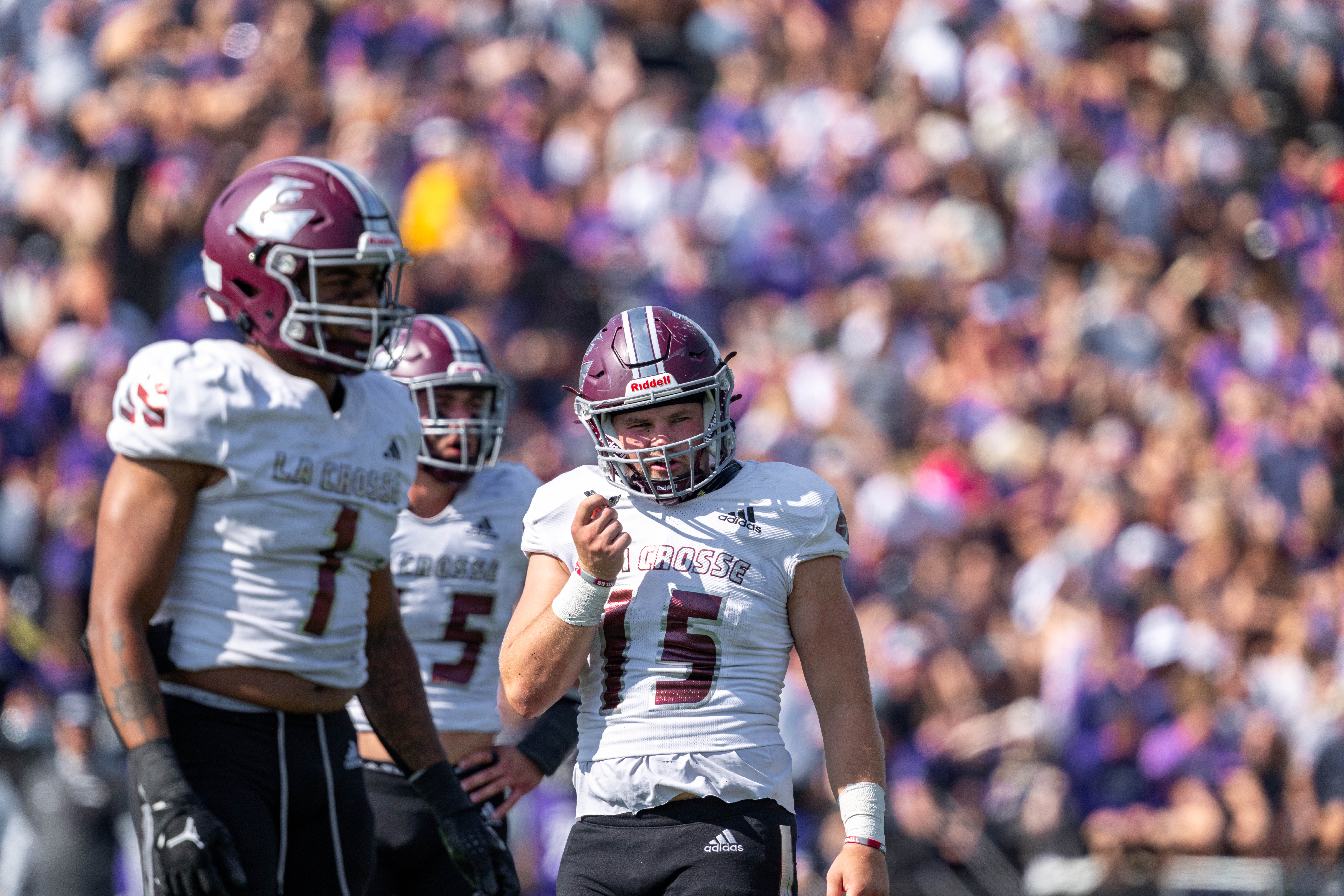 Oct 4, 2025; Whitewater, Wisconsin, USA; University of Wisconsin-La Crosse Eagles linebacker Nicholas Jorndt (15) durning a college football game between the University of Wisconsin-Whitewater Warhawks and the University of Wisconsin-La Crosse Eagles at Perkins Stadium on October 04, 2025 in Whitewater, Wisconsin. Photography by Ross Harried for Second Crop Sports.
