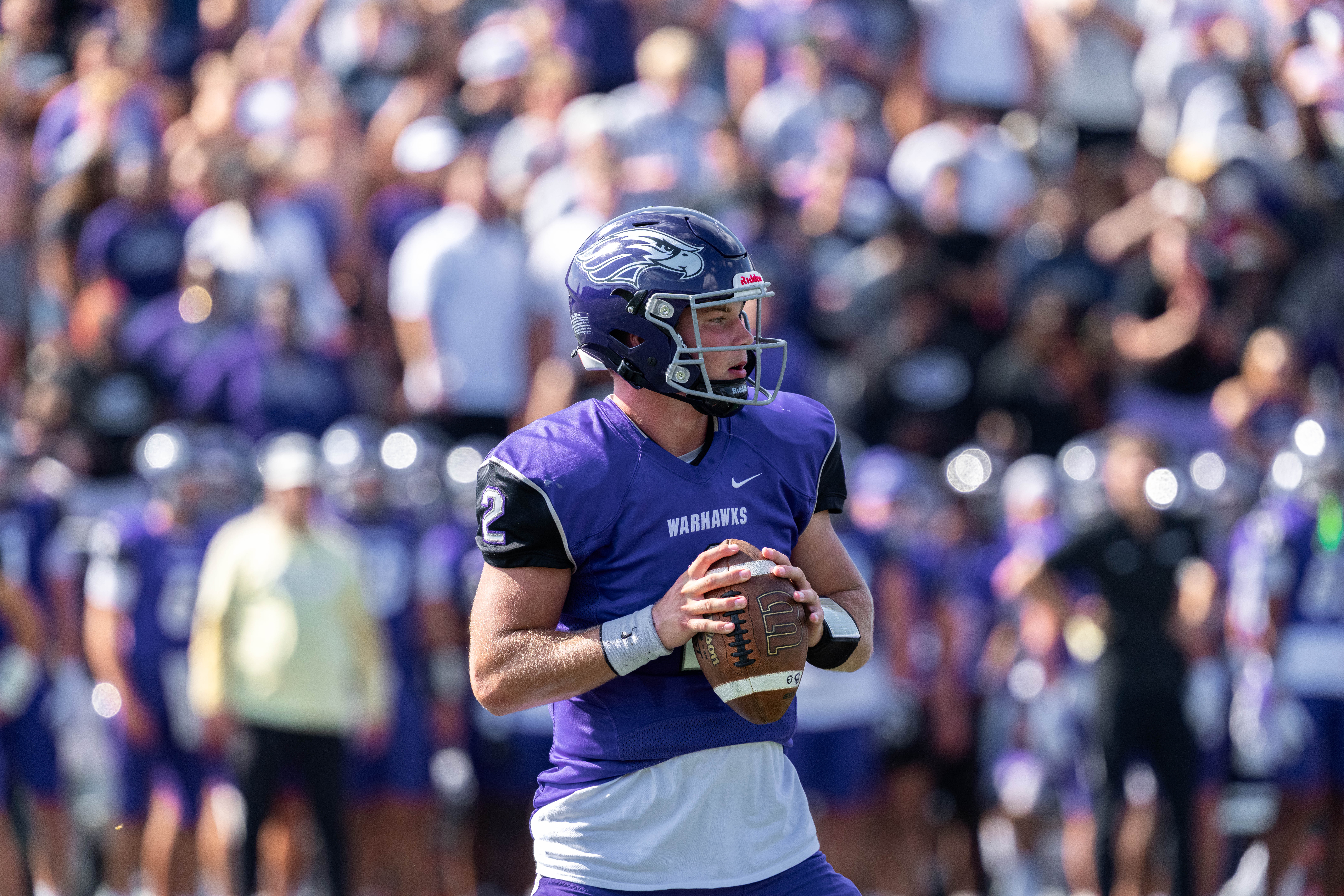 Oct 4, 2025; Whitewater, Wisconsin, USA; University of Wisconsin-Whitewater Warhawks quarterback Justin Klinkner (2) looks to throws a pass durning a college football game between the University of Wisconsin-Whitewater Warhawks and the University of Wisconsin-La Crosse Eagles at Perkins Stadium on October 04, 2025 in Whitewater, Wisconsin. Photography by Ross Harried for Second Crop Sports.
