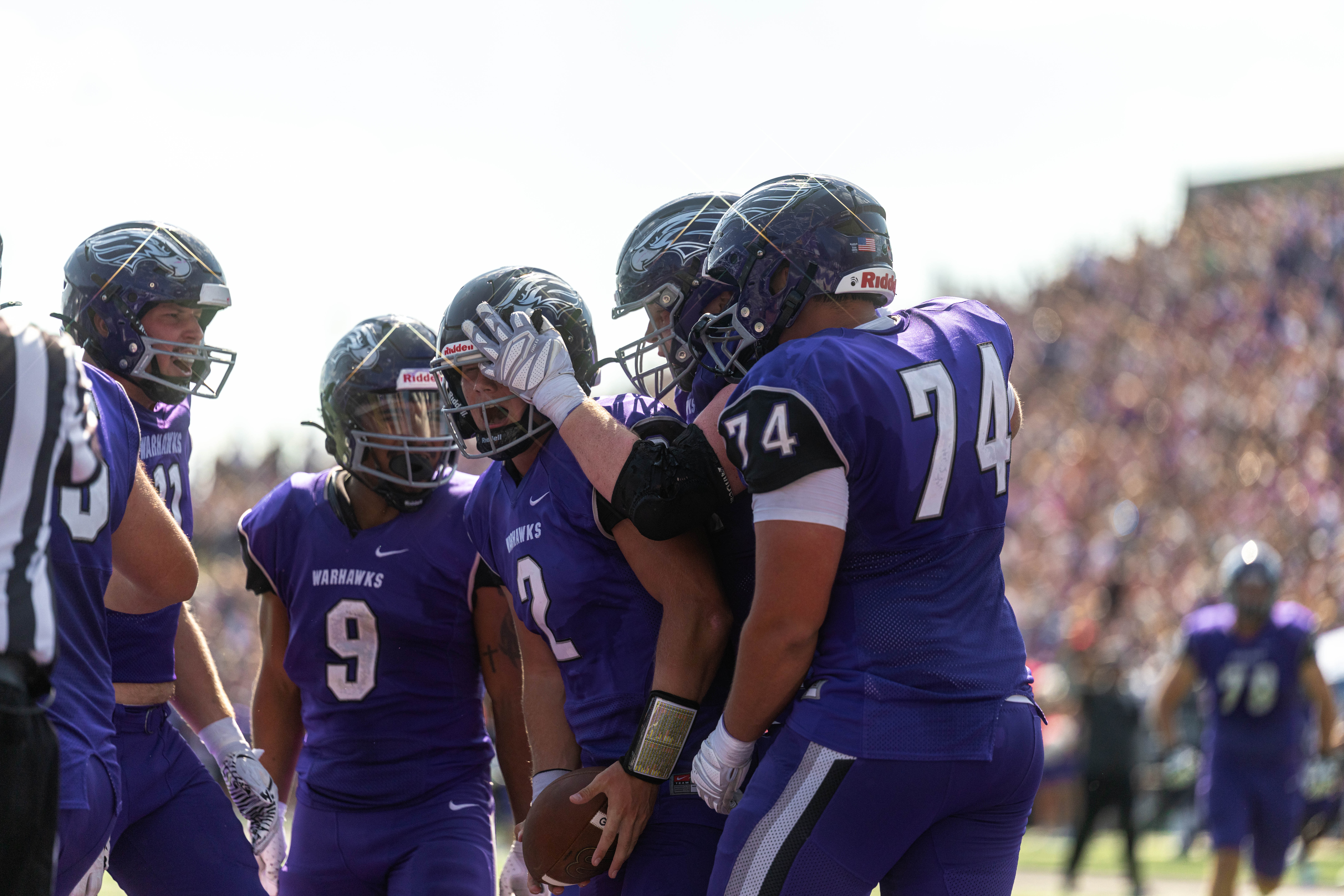 Oct 4, 2025; Whitewater, Wisconsin, USA; The University of Wisconsin-Whitewater Warhawks celebrate a touchdown durning a college football game between the University of Wisconsin-Whitewater Warhawks and the University of Wisconsin-La Crosse Eagles at Perkins Stadium on October 04, 2025 in Whitewater, Wisconsin. Photography by Ross Harried for Second Crop Sports.