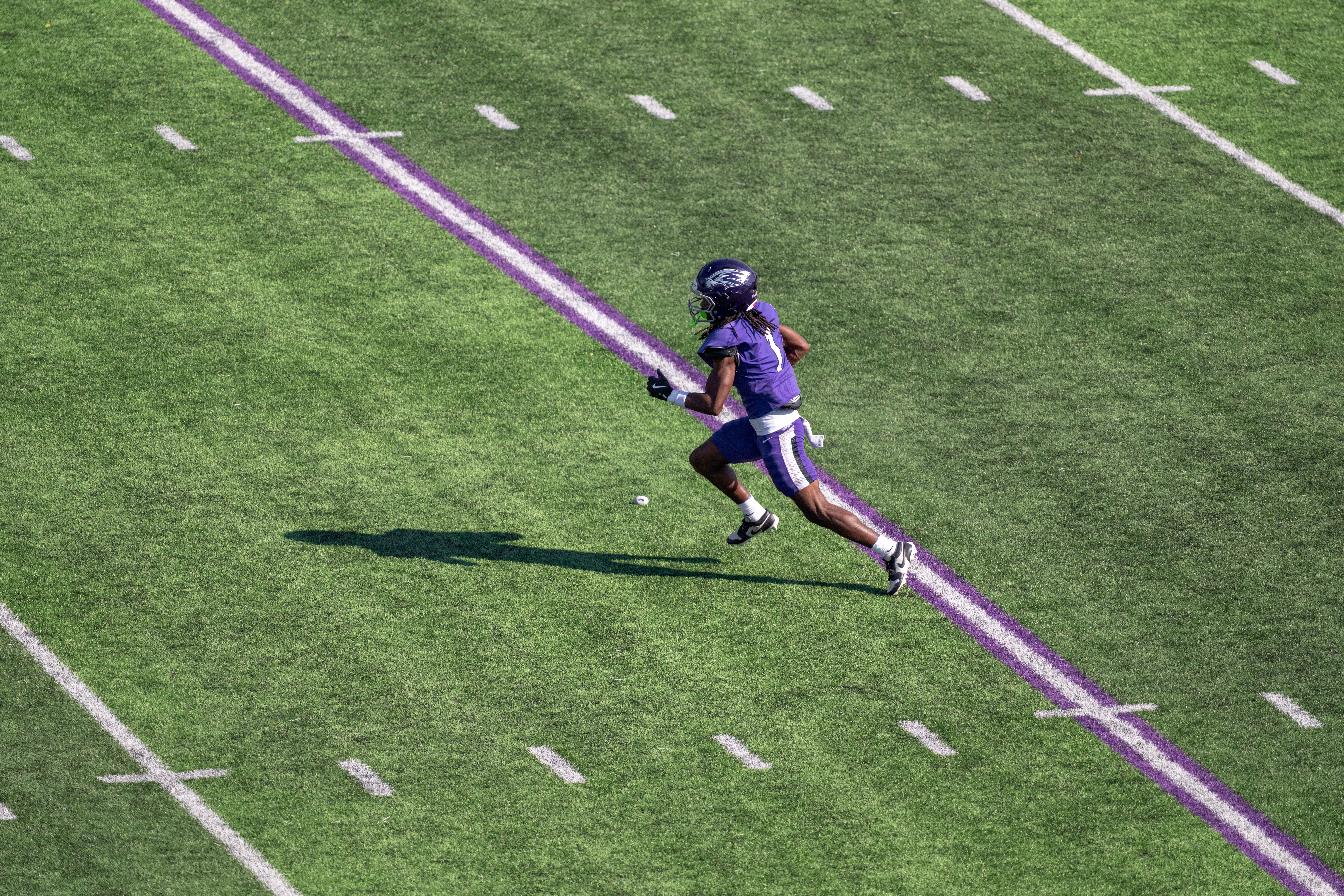 Oct 4, 2025; Whitewater, Wisconsin, USA; University of Wisconsin-Whitewater Warhawks wide receiver Christian Crump (1) returns a kickoff durning a college football game between the University of Wisconsin-Whitewater Warhawks and the University of Wisconsin-La Crosse Eagles at Perkins Stadium on October 04, 2025 in Whitewater, Wisconsin. Photography by Ross Harried for Second Crop Sports.
