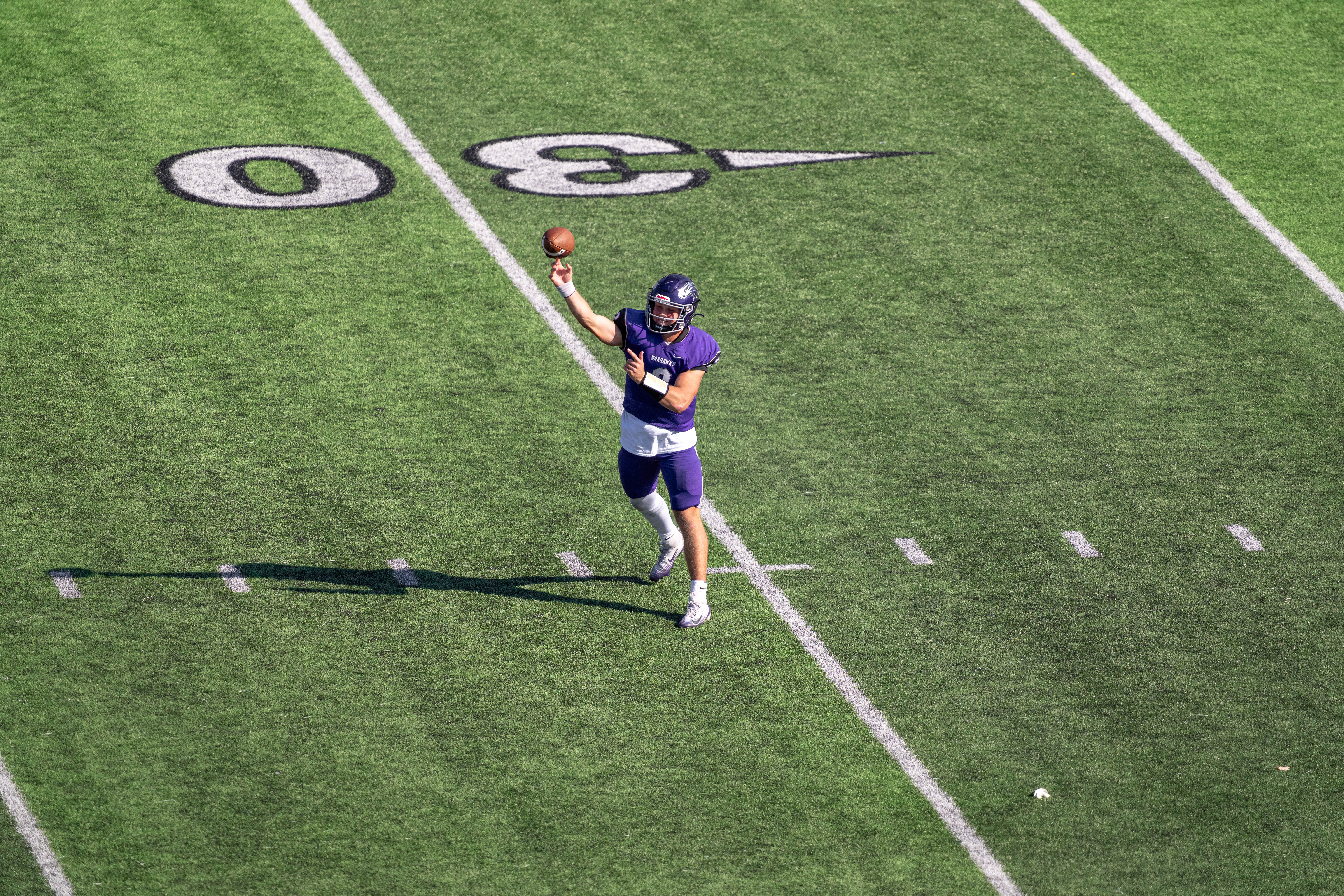 Oct 4, 2025; Whitewater, Wisconsin, USA; University of Wisconsin-Whitewater Warhawks quarterback Justin Klinkner (2) attempts a pass durning a college football game between the University of Wisconsin-Whitewater Warhawks and the University of Wisconsin-La Crosse Eagles at Perkins Stadium on October 04, 2025 in Whitewater, Wisconsin. Photography by Ross Harried for Second Crop Sports.